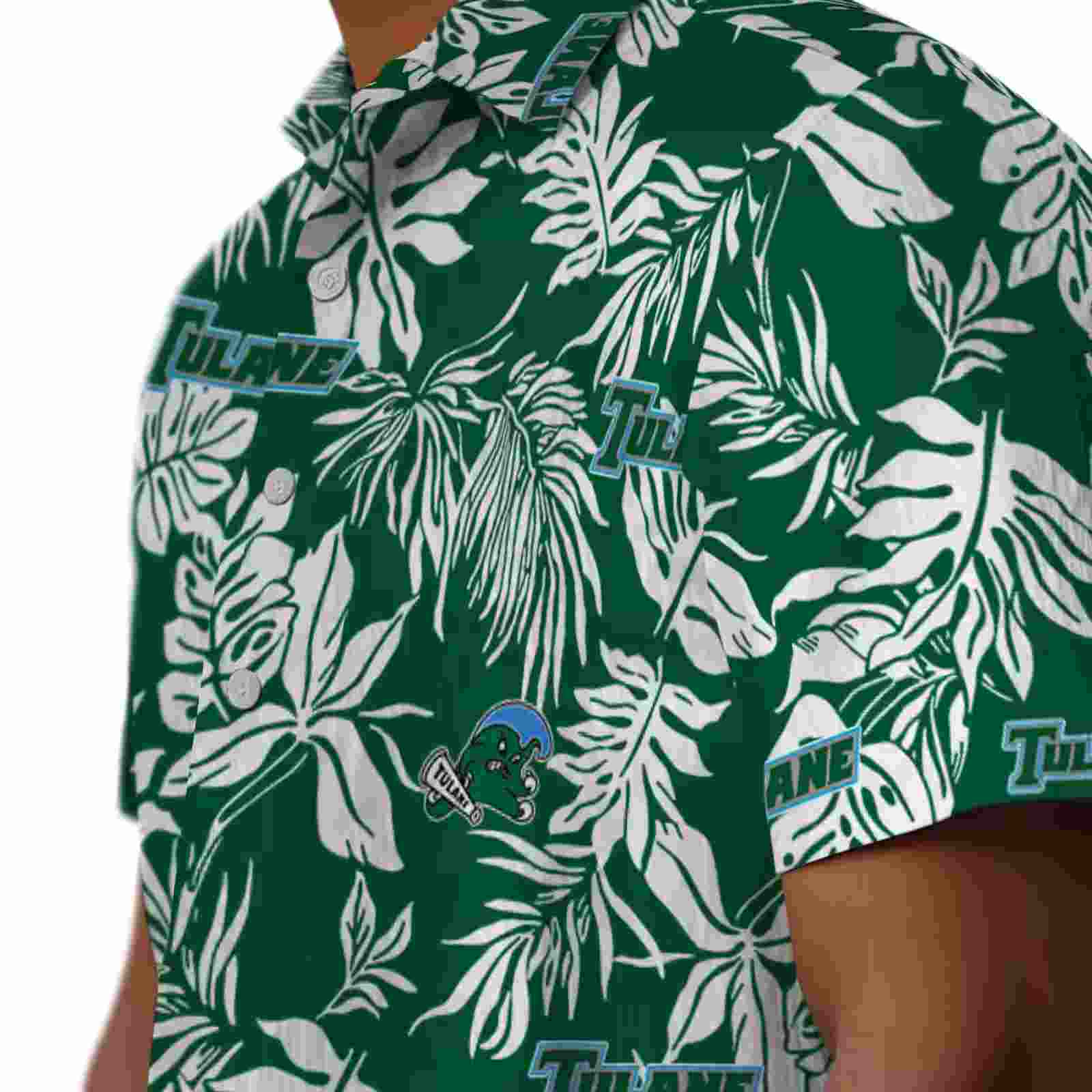 tulane green wave tropical leaf green white hawaiian shirt trendy