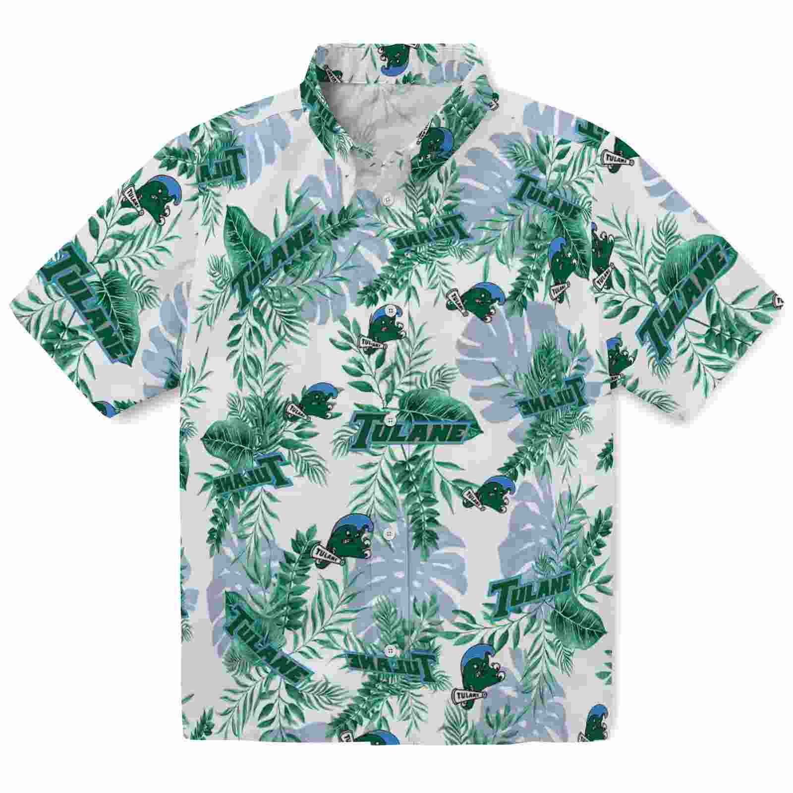 Tulane Green Wave Tropical Leaves Green White Hawaiian Shirt