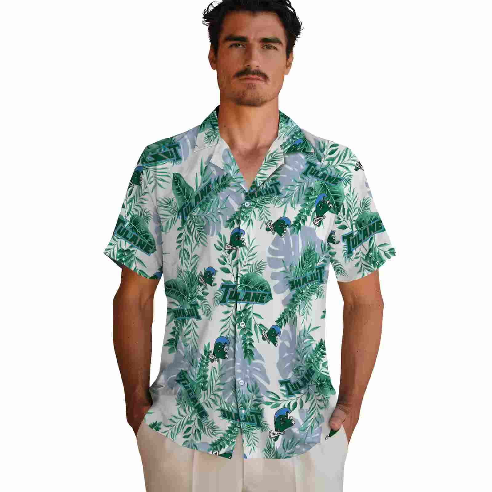 tulane green wave tropical leaves green white hawaiian shirt fashion forward