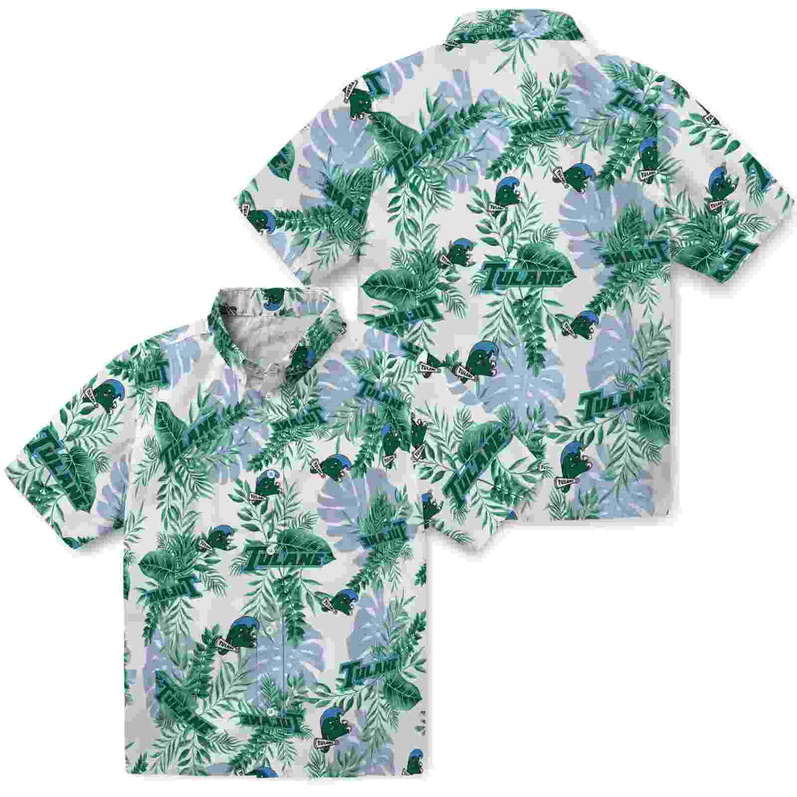 tulane green wave tropical leaves green white hawaiian shirt high quality