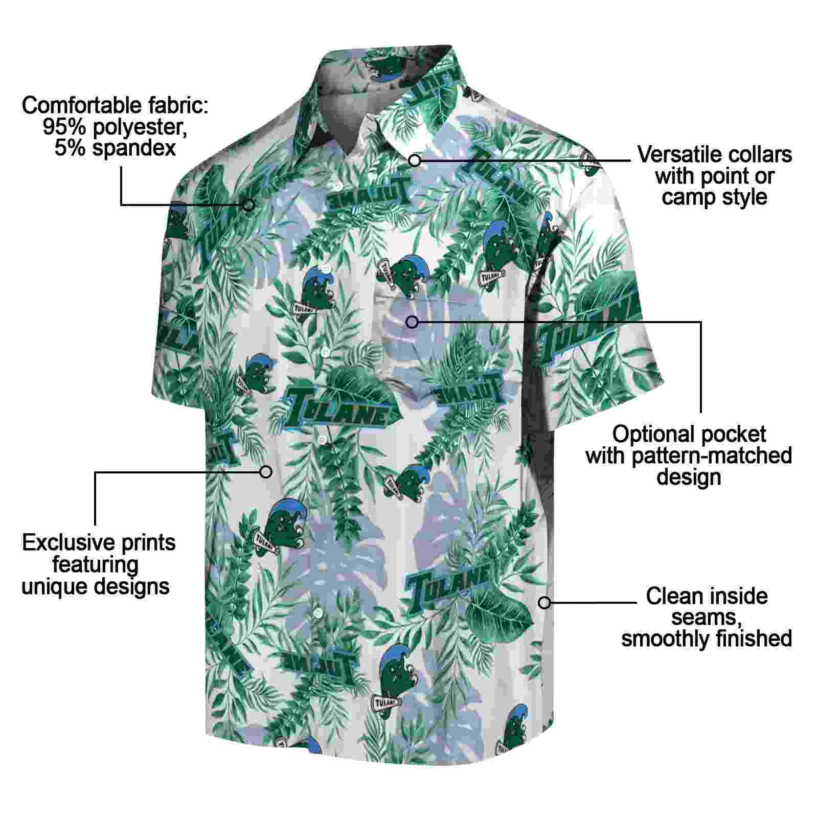 tulane green wave tropical leaves green white hawaiian shirt new arrival