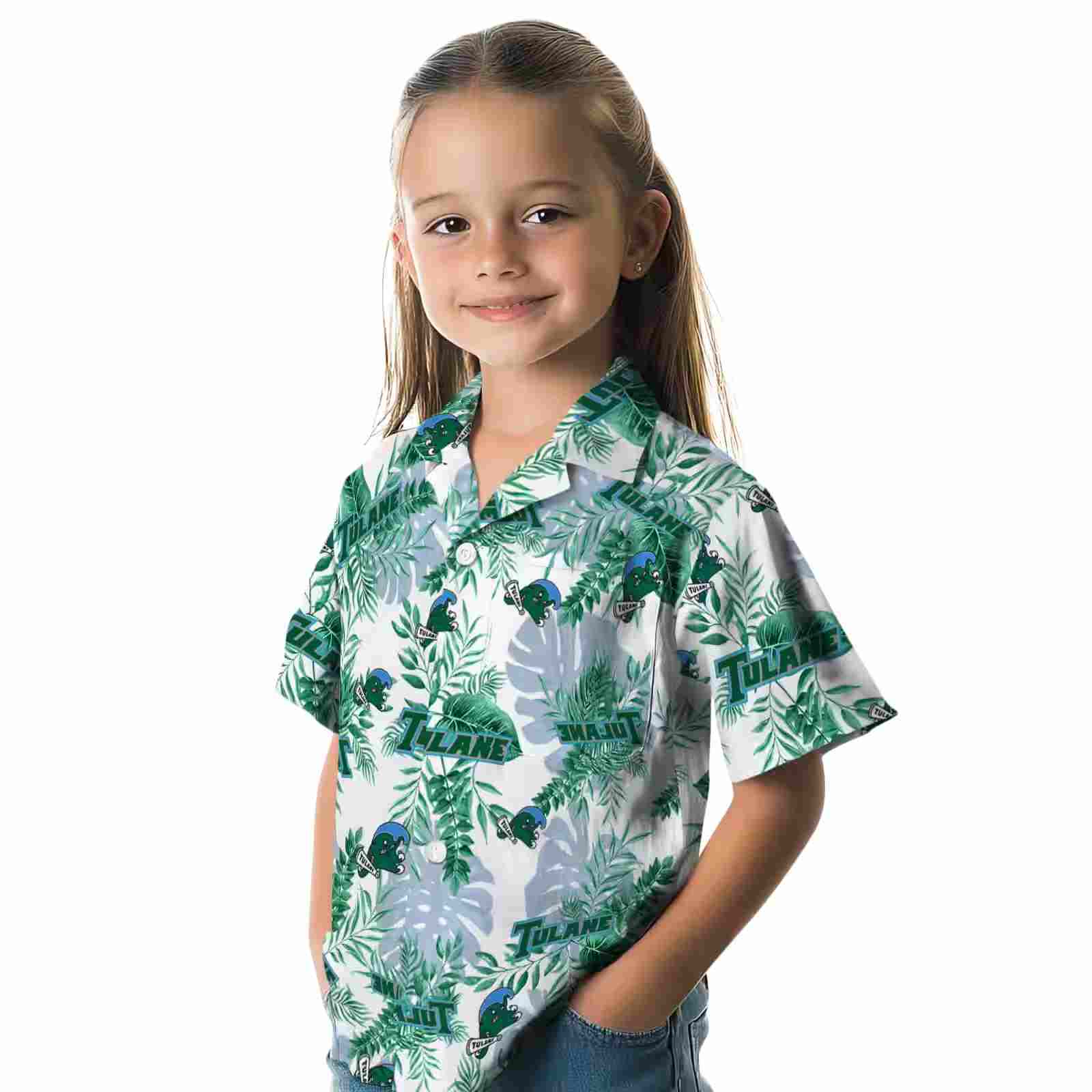 tulane green wave tropical leaves green white hawaiian shirt premium grade