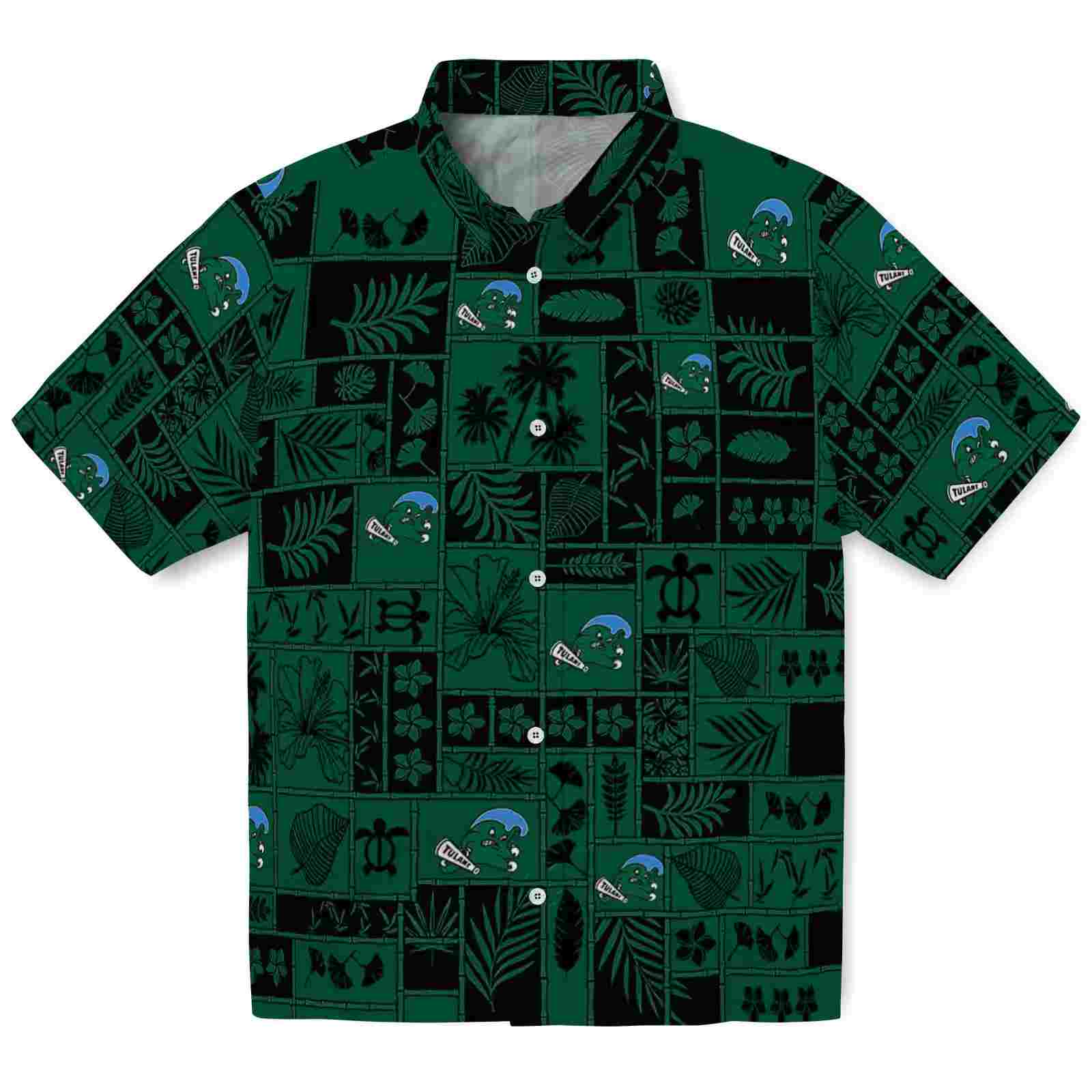 Tulane Green Wave Tropical Patchwork Green Black Hawaiian Shirt