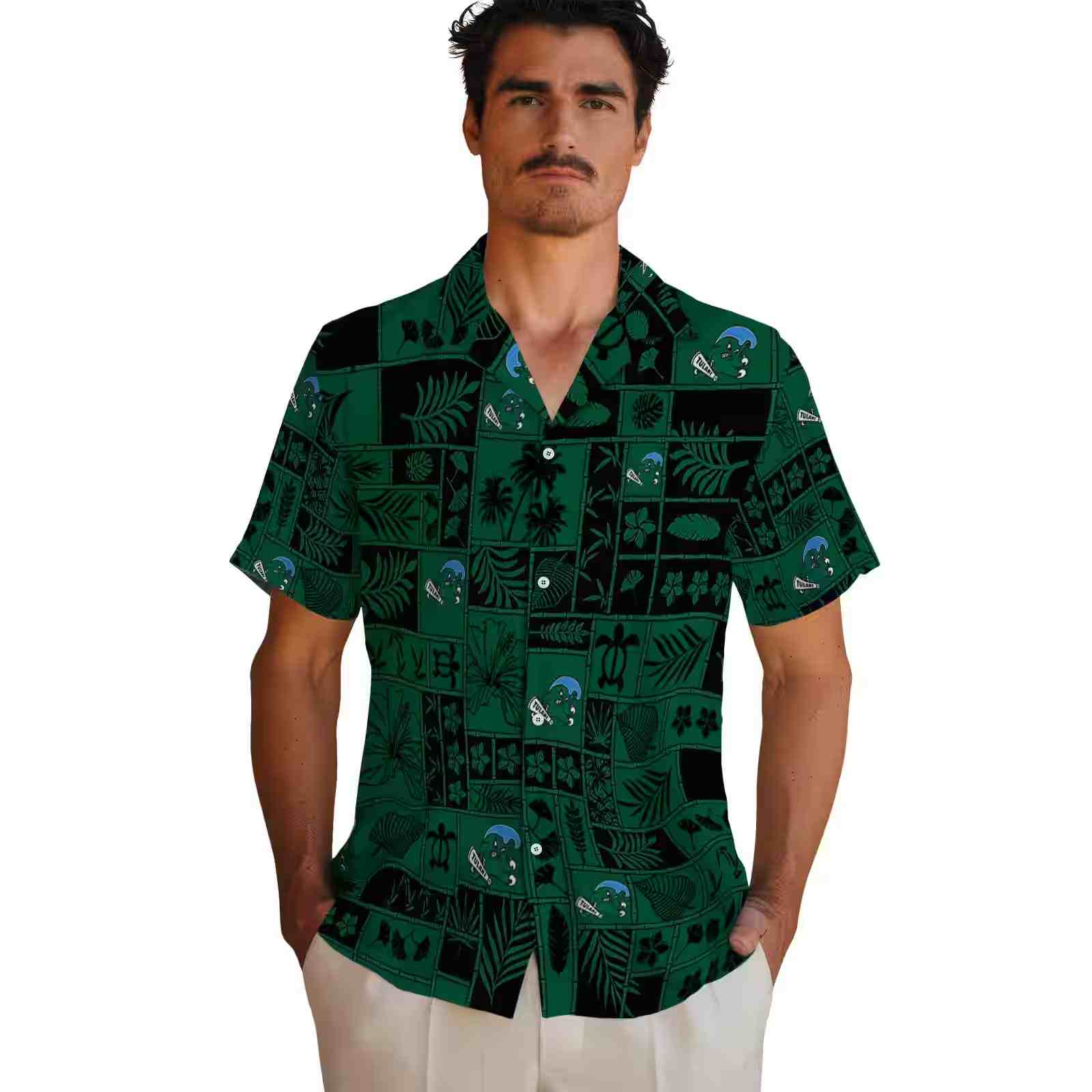 tulane green wave tropical patchwork green black hawaiian shirt fashion forward