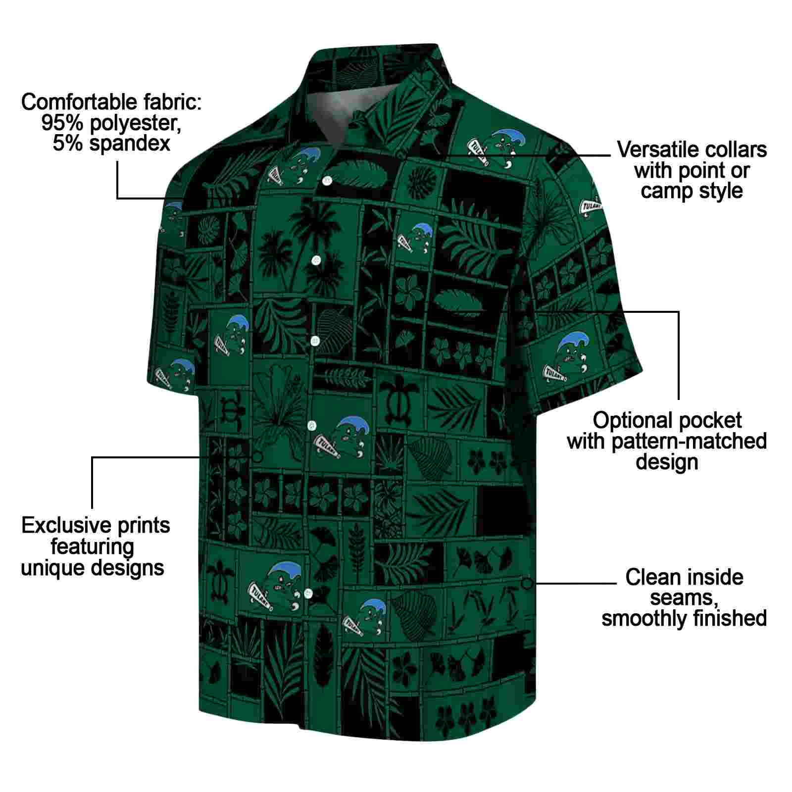 tulane green wave tropical patchwork green black hawaiian shirt new arrival