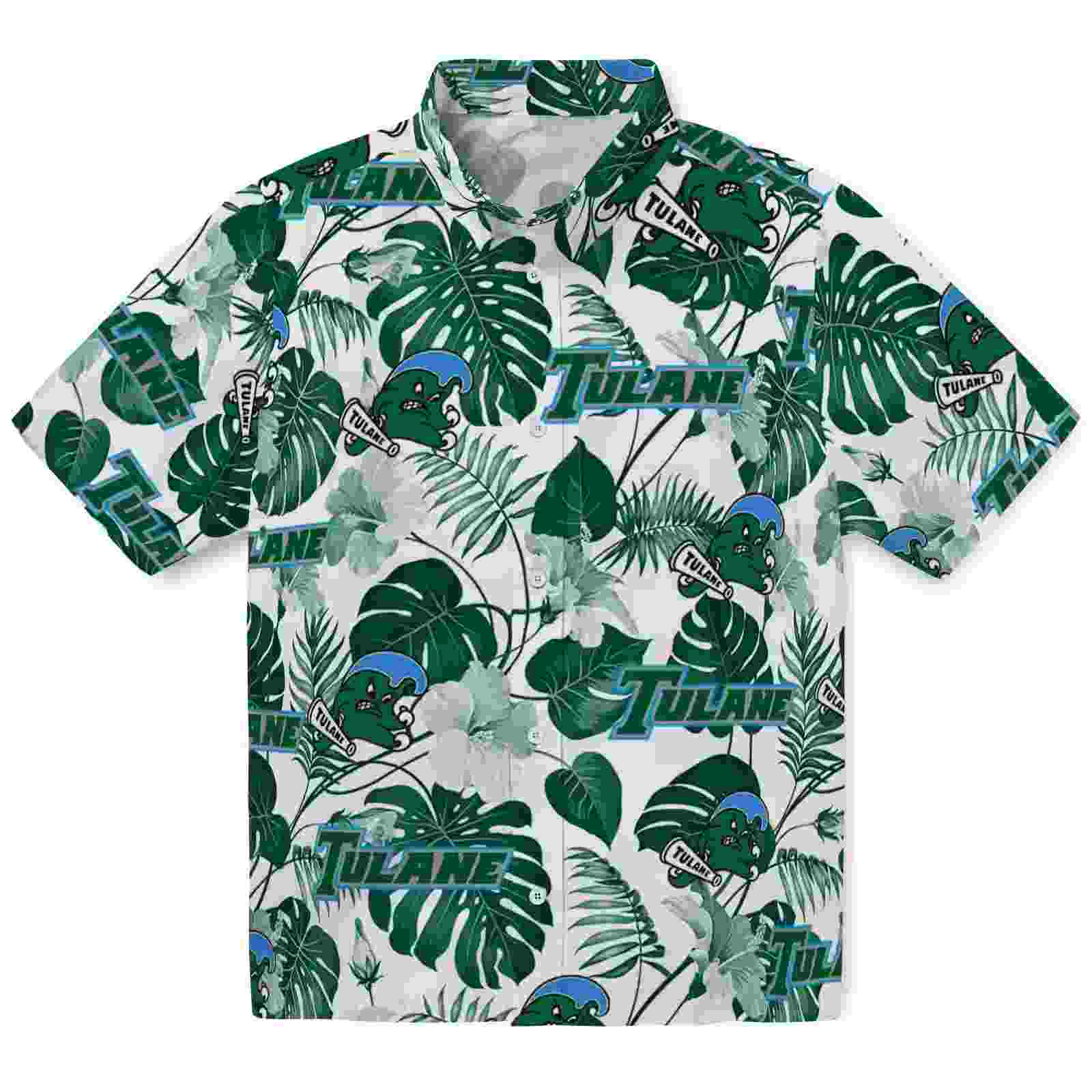 Tulane Green Wave Tropical Plants Green White Hawaiian Shirt