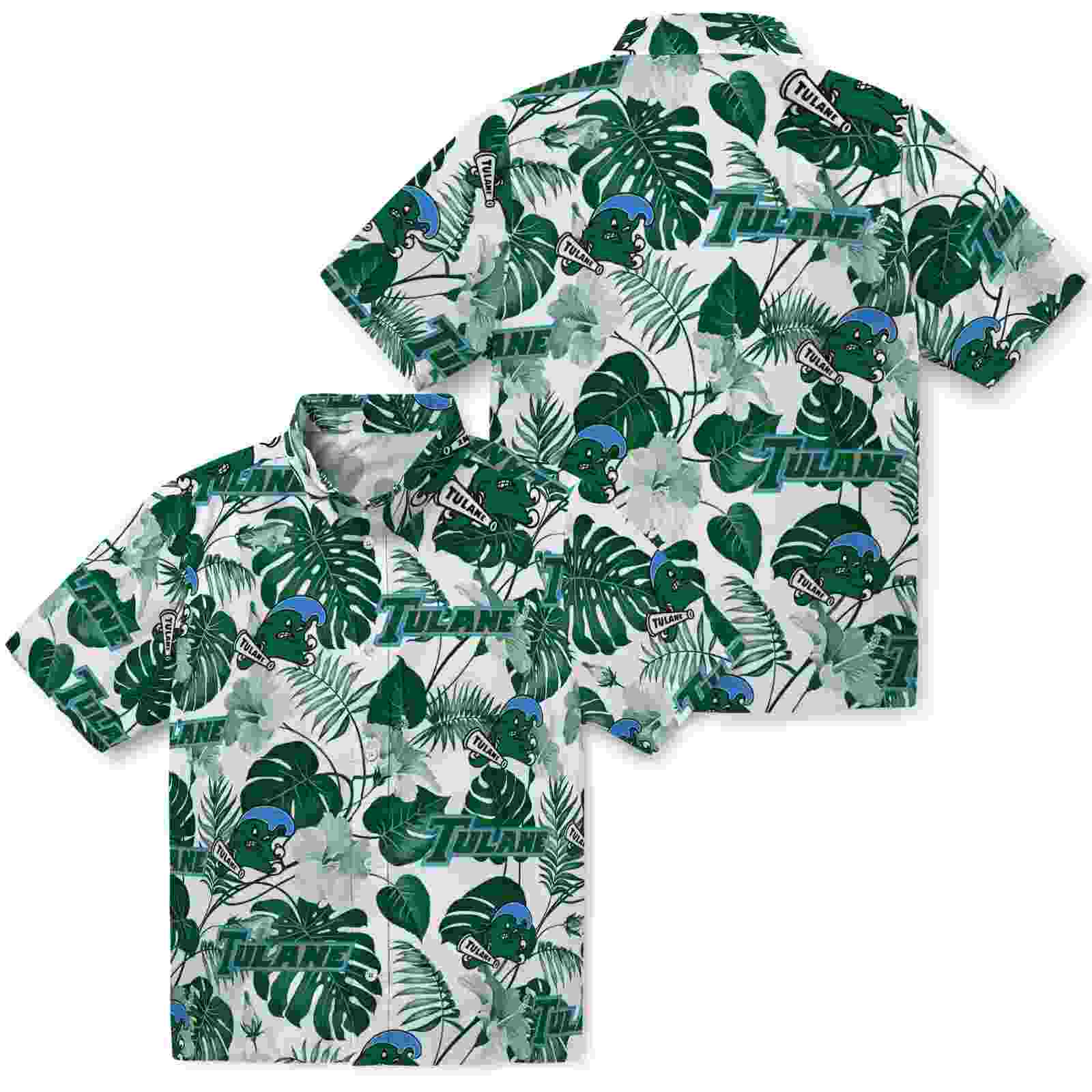 tulane green wave tropical plants green white hawaiian shirt high quality