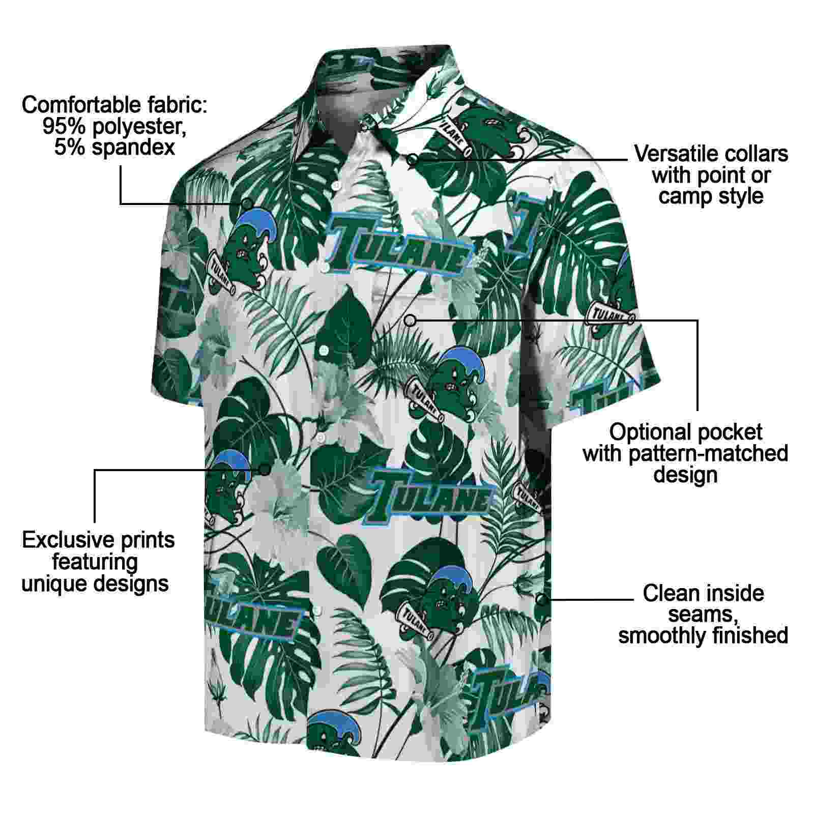 tulane green wave tropical plants green white hawaiian shirt new arrival