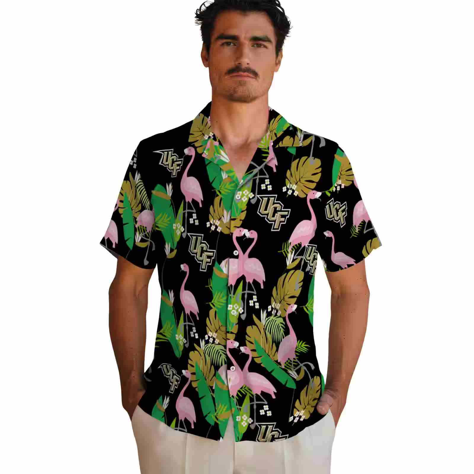 ucf knights flamingo foliage gold green hawaiian shirt fashion forward