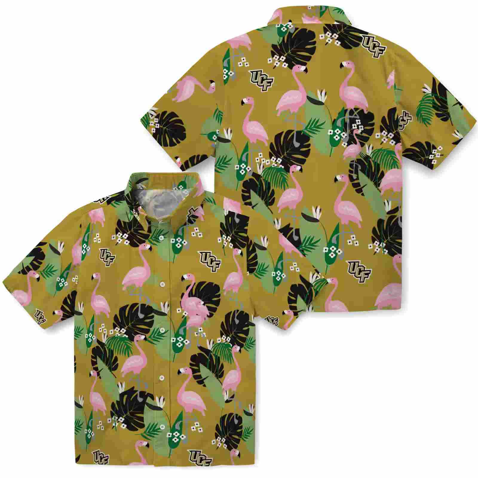 ucf knights flamingo leaf motif gold hawaiian shirt high quality