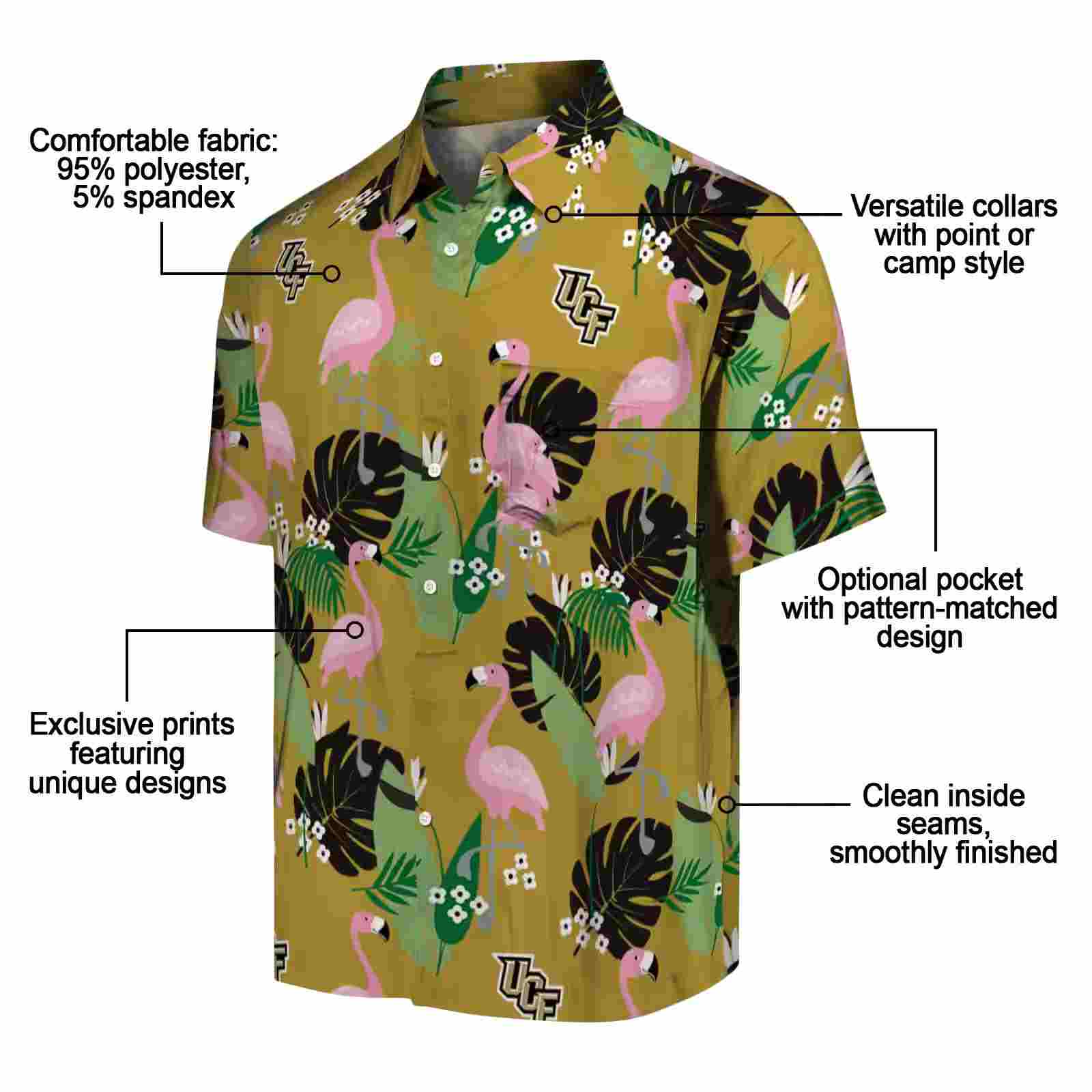 ucf knights flamingo leaf motif gold hawaiian shirt new arrival