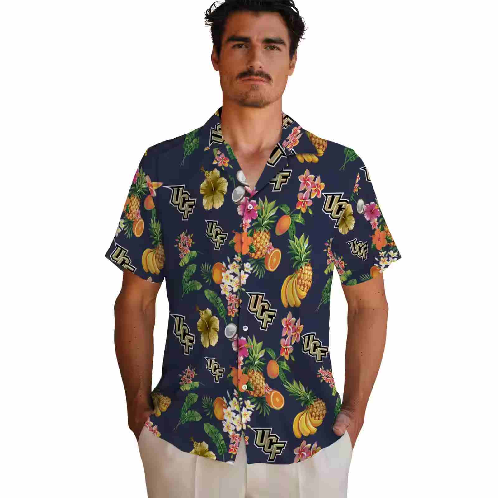 ucf knights hibiscus and fruit navy blue hawaiian shirt fashion forward