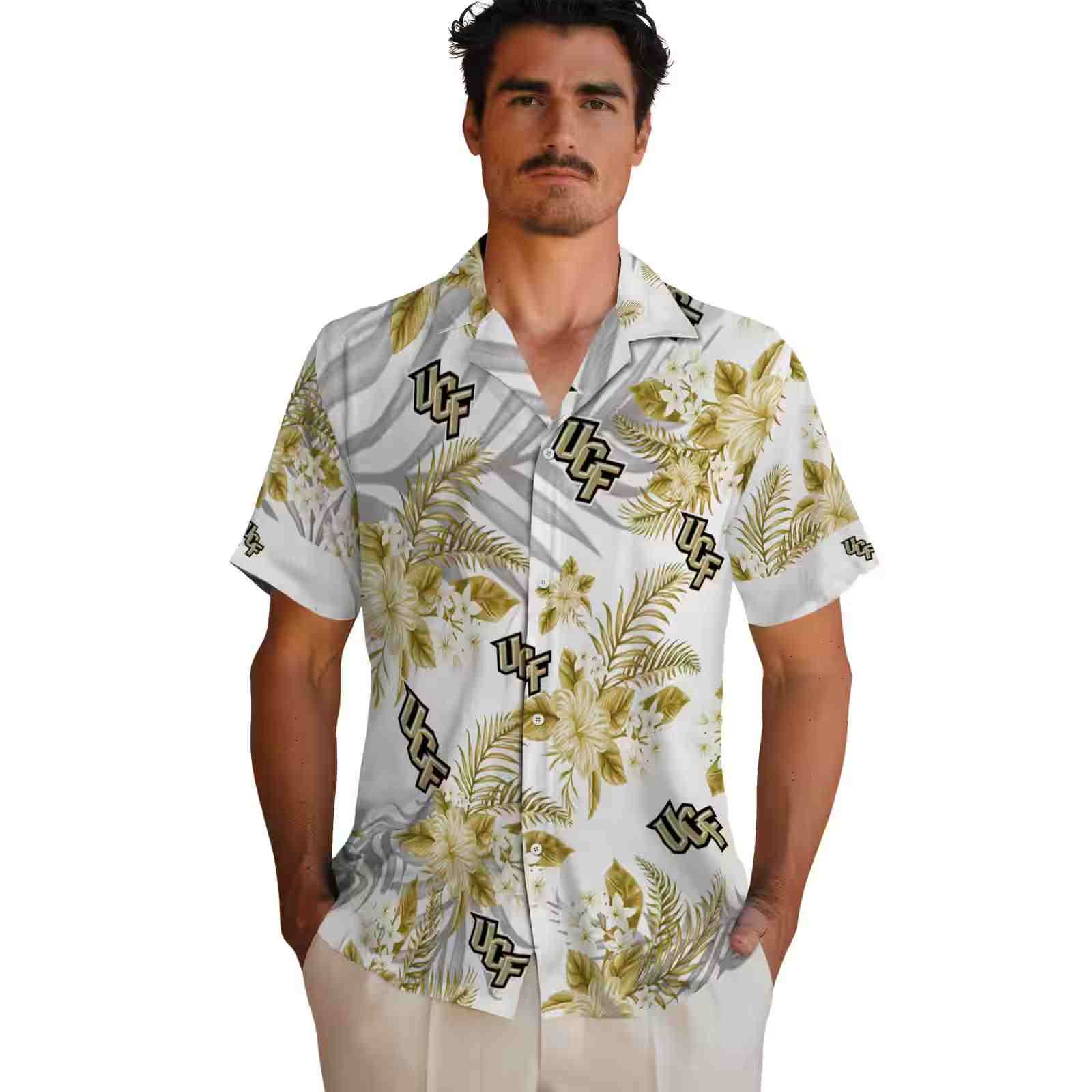 ucf knights hibiscus palm leaves gold white hawaiian shirt fashion forward