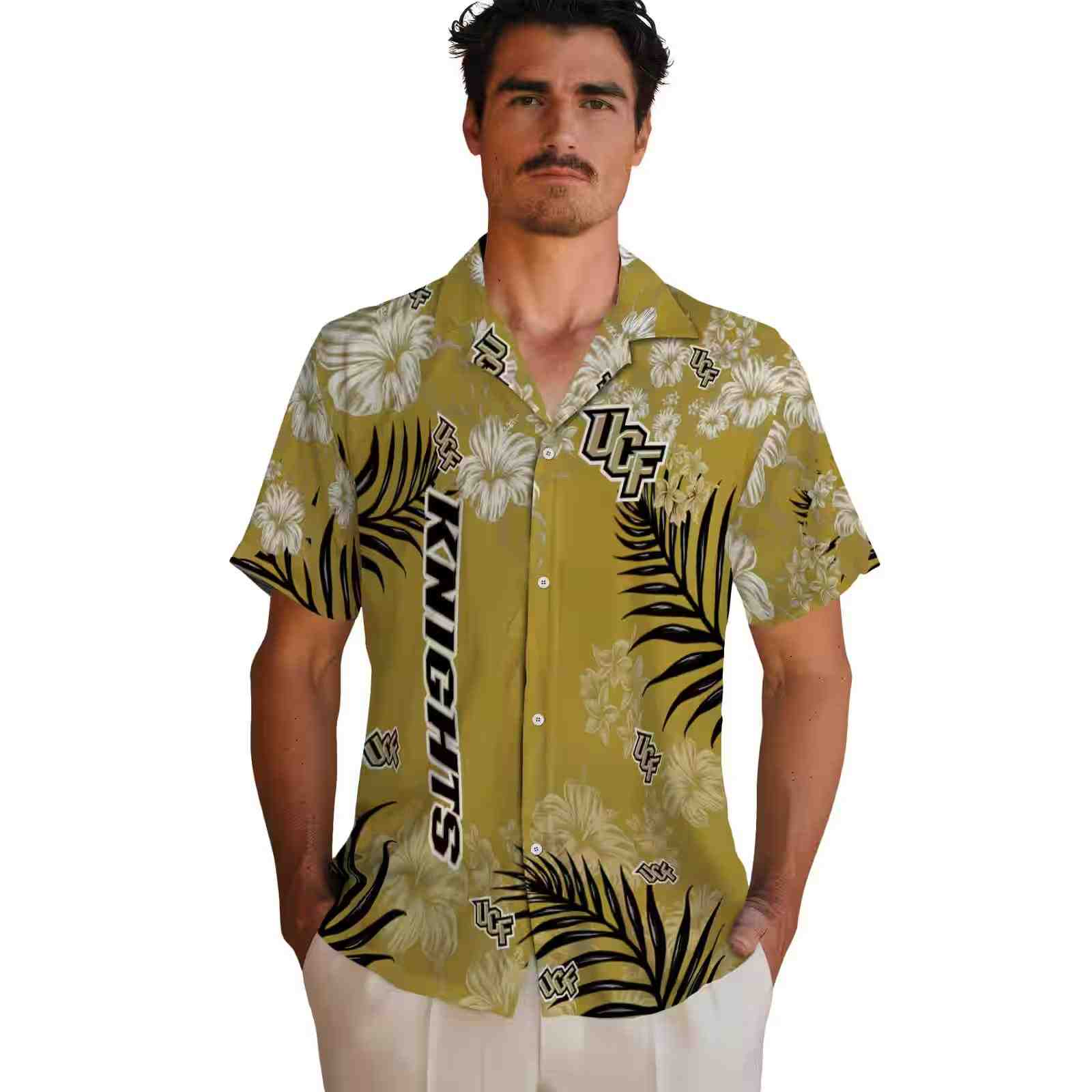 ucf knights hibiscus print gold hawaiian shirt fashion forward