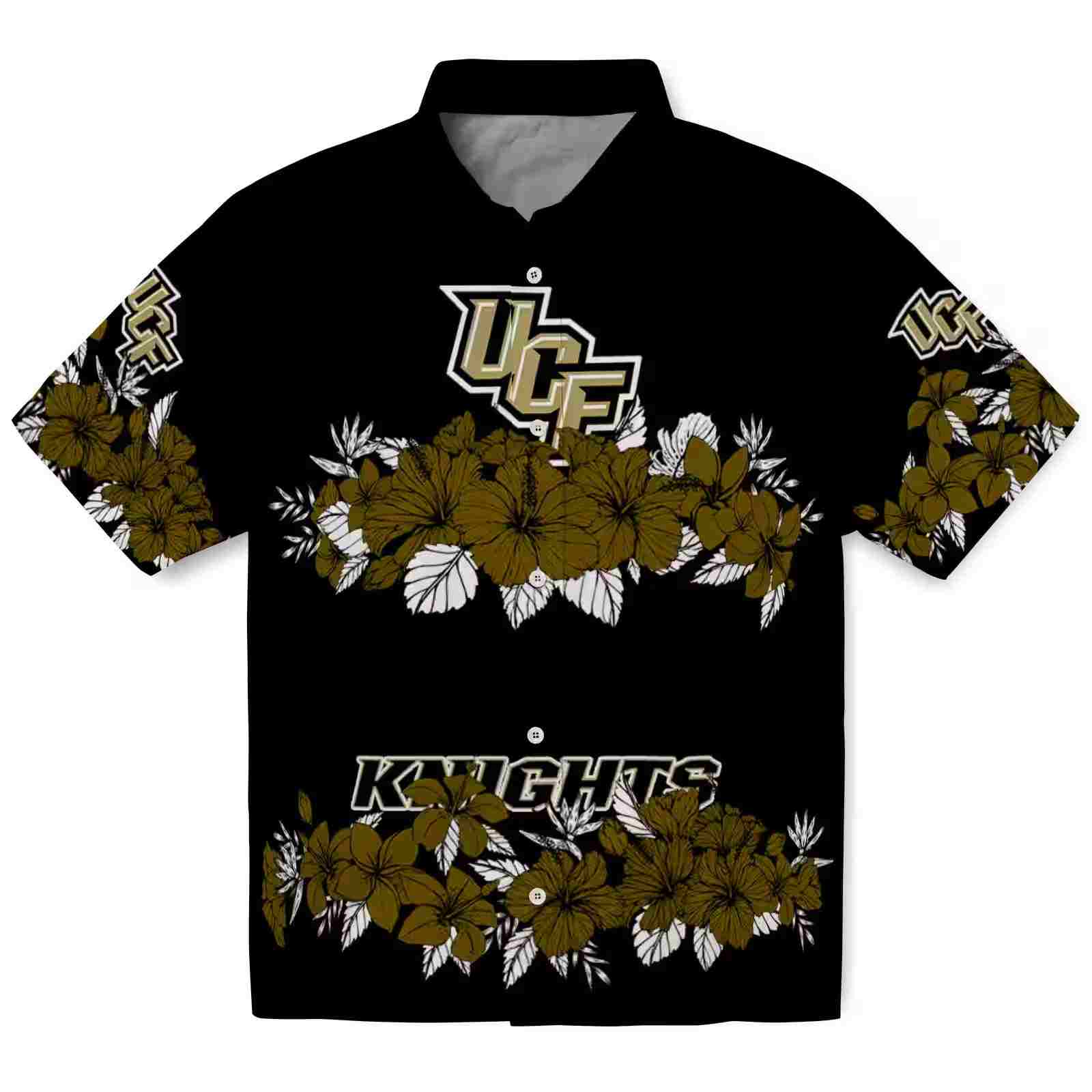 UCF Knights Hibiscus Stripe Gold Black Hawaiian Shirt