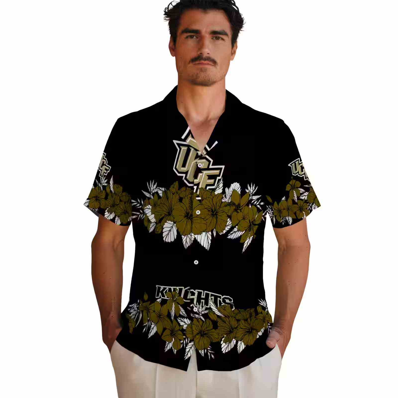 ucf knights hibiscus stripe gold black hawaiian shirt fashion forward