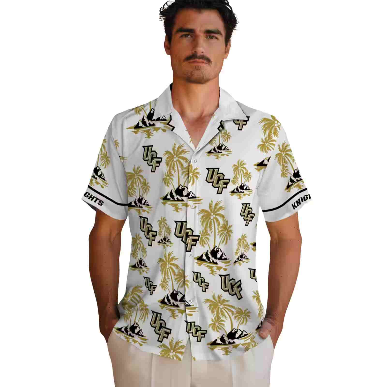 ucf knights palm island print gold white hawaiian shirt fashion forward