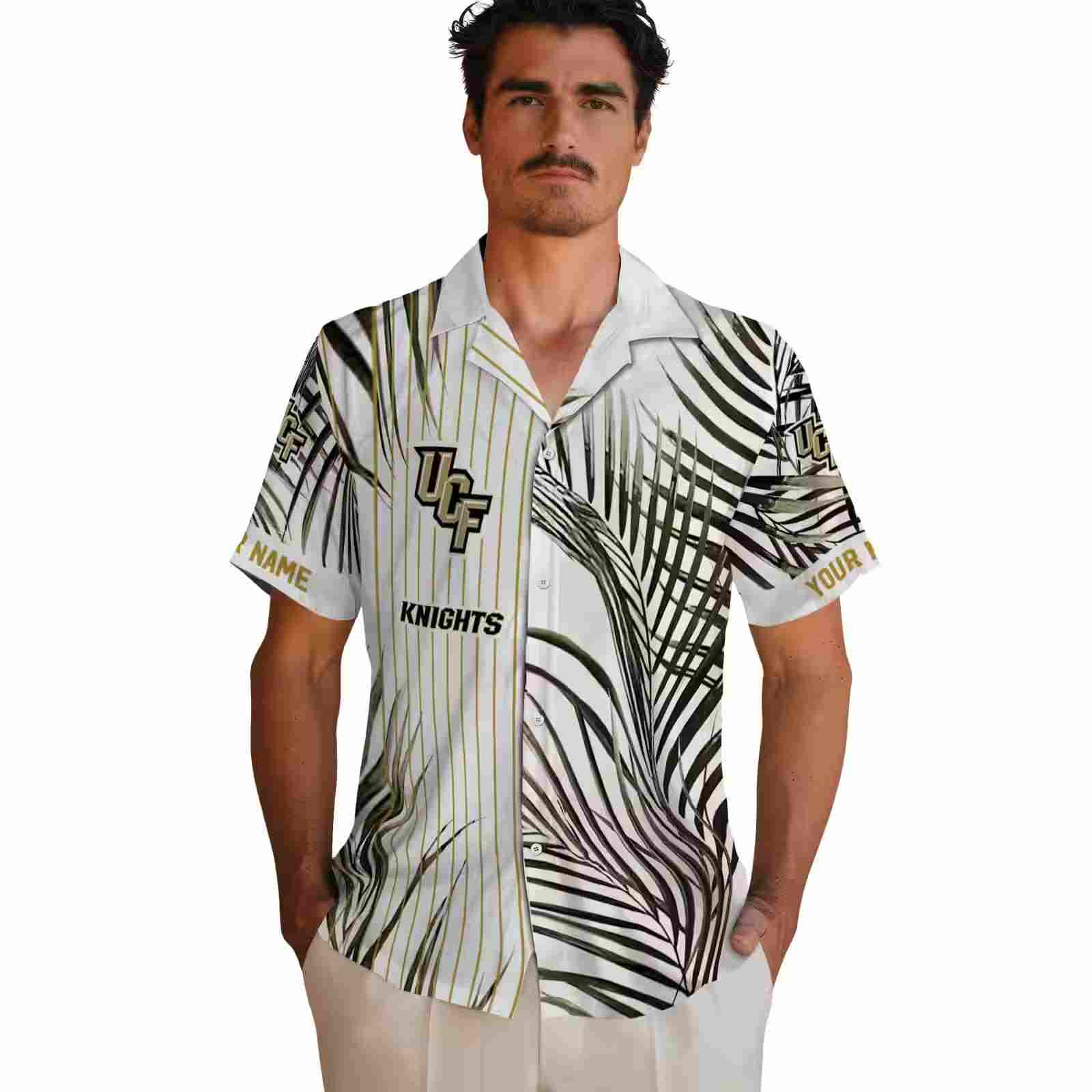 ucf knights palm stripes gold black white hawaiian shirt fashion forward