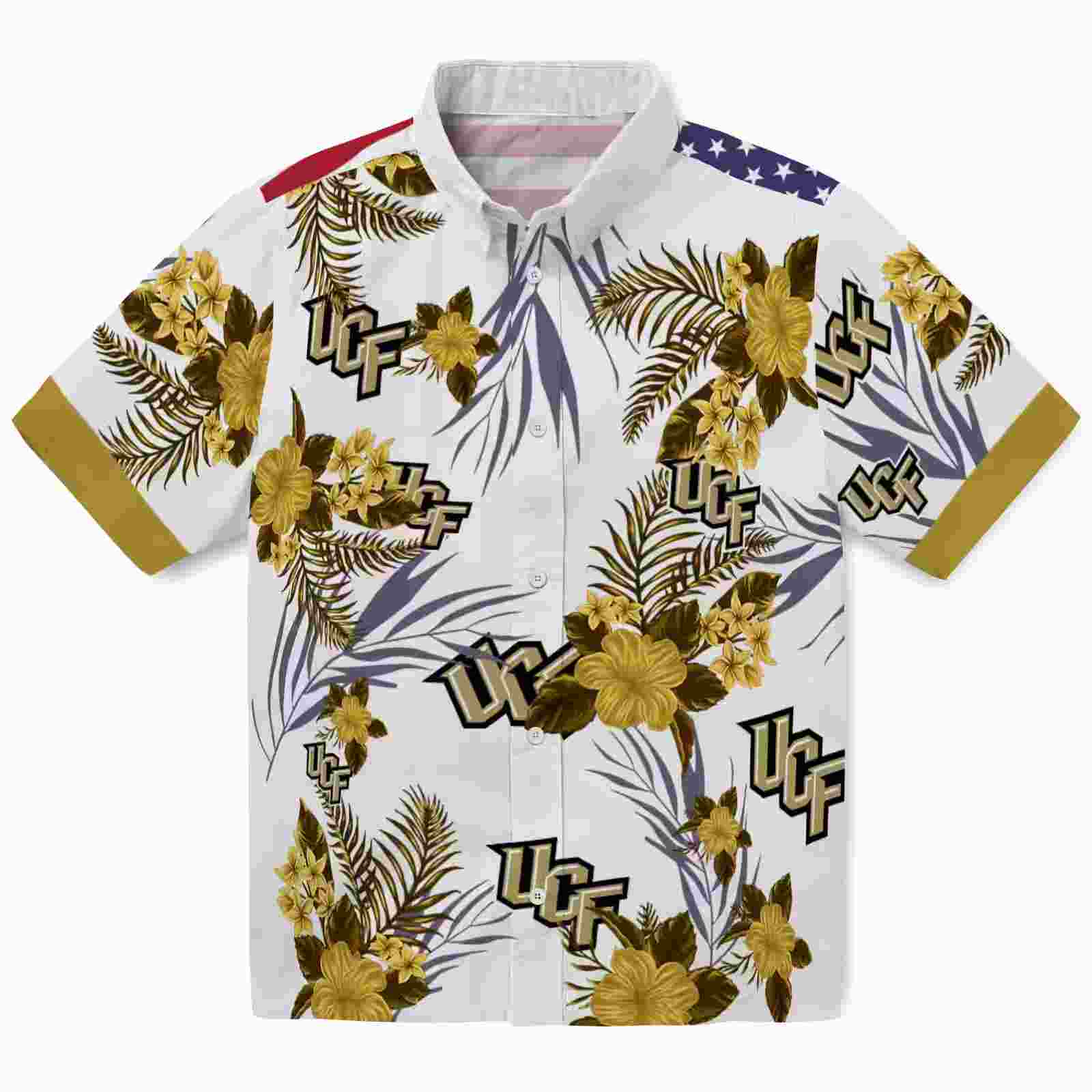 UCF Knights Patriotic Hibiscus Design Gold White Hawaiian Shirt