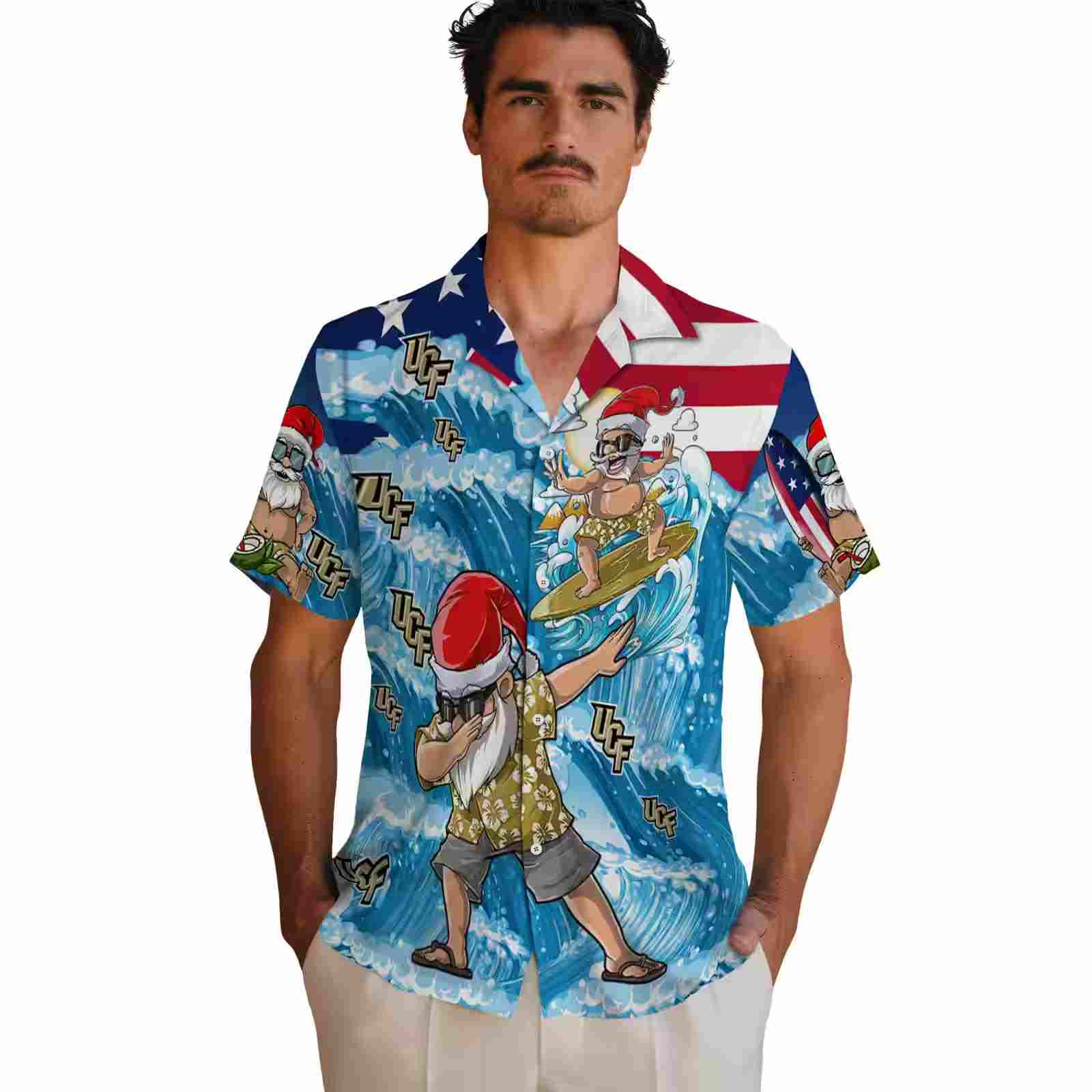 ucf knights surfing santa blue hawaiian shirt fashion forward