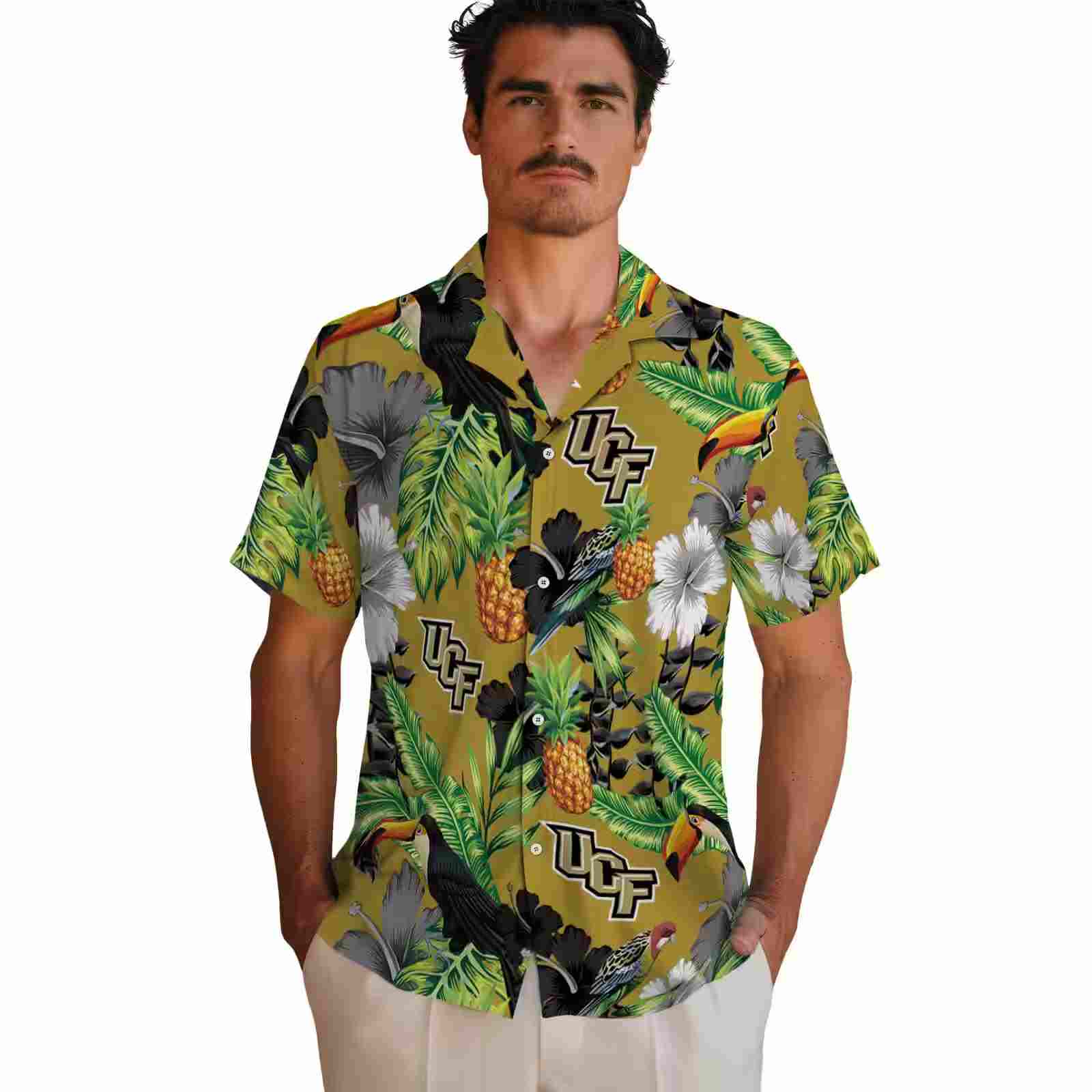 ucf knights toucan hibiscus pineapple gold green hawaiian shirt fashion forward