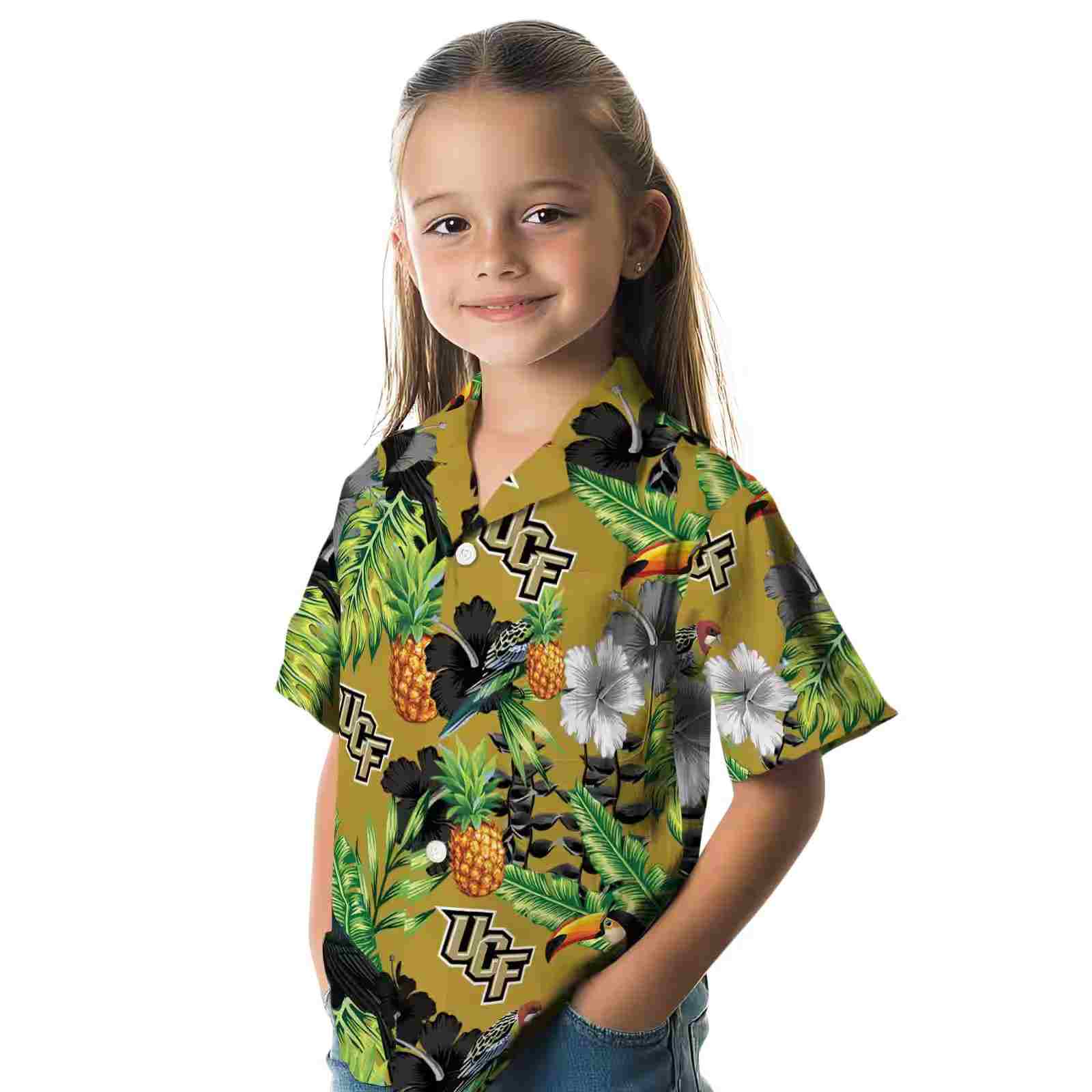 ucf knights toucan hibiscus pineapple gold green hawaiian shirt premium grade