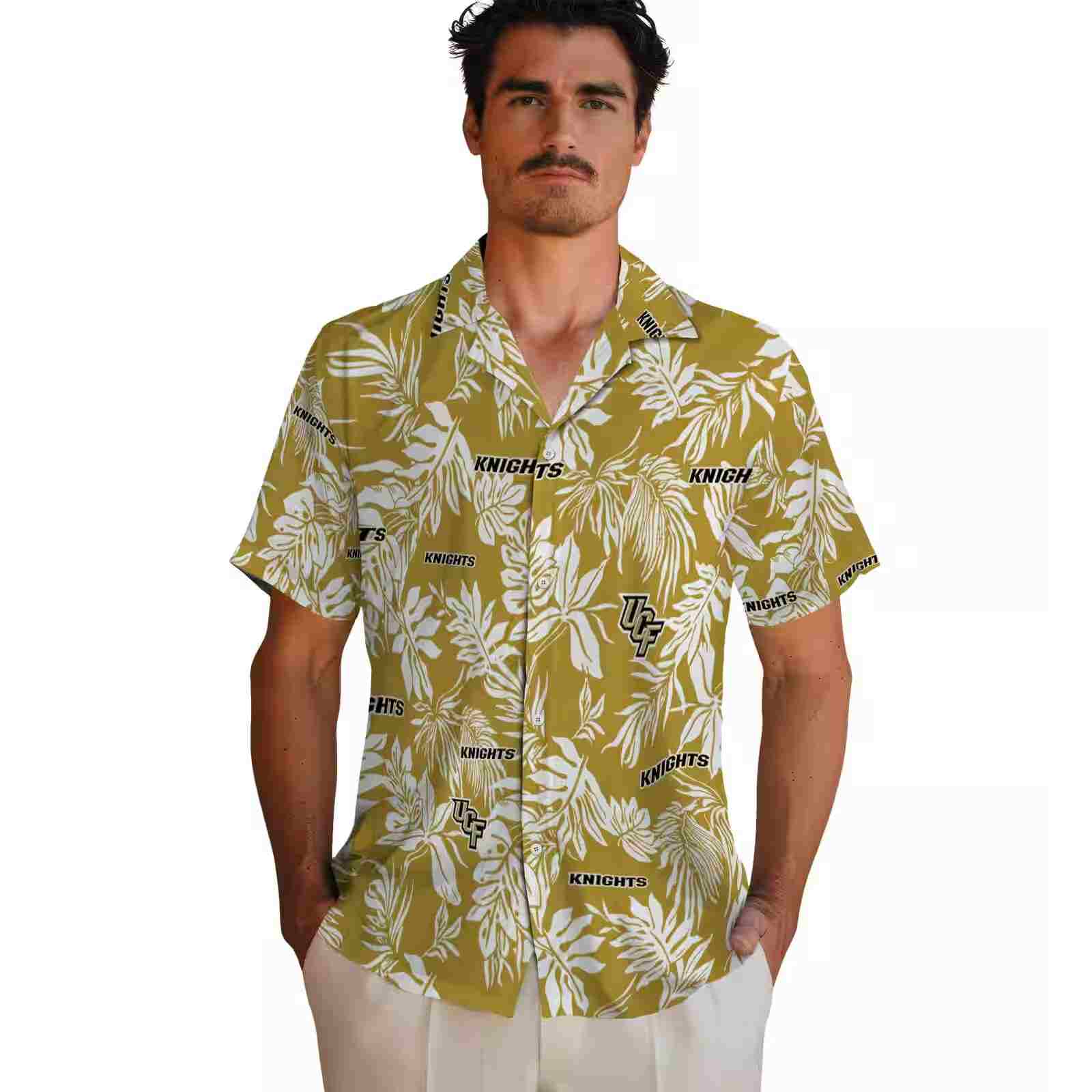 ucf knights tropical leaf gold white hawaiian shirt fashion forward