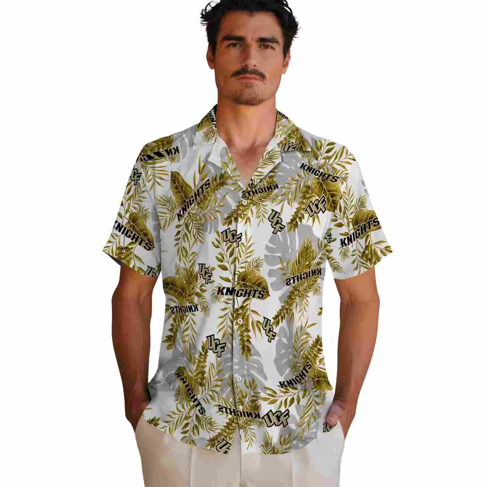 ucf knights tropical leaves gold white hawaiian shirt fashion forward