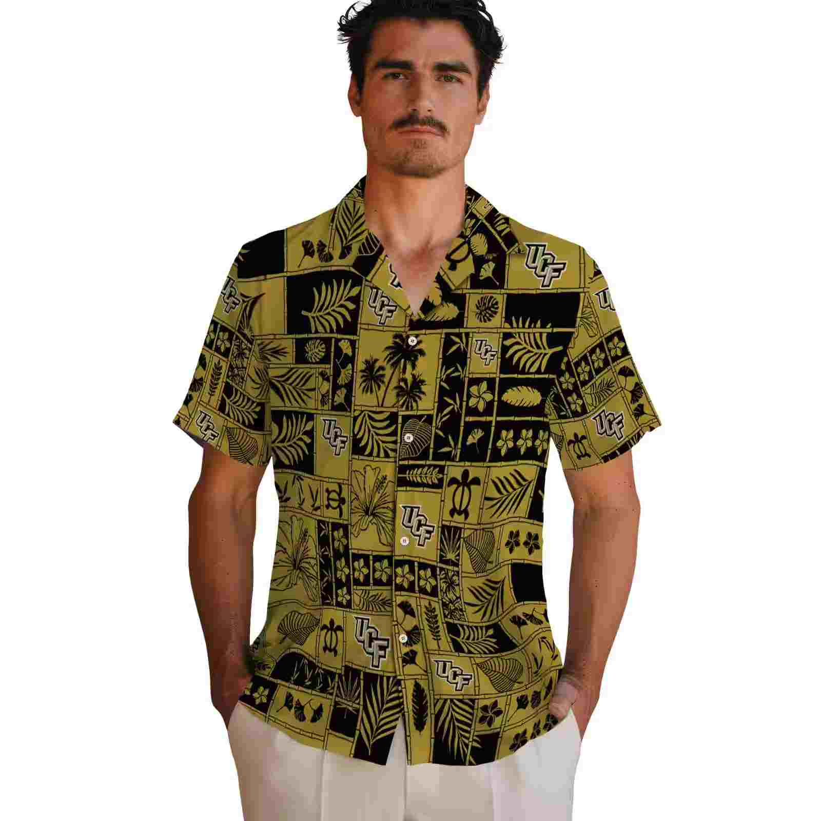 ucf knights tropical patchwork gold black hawaiian shirt fashion forward