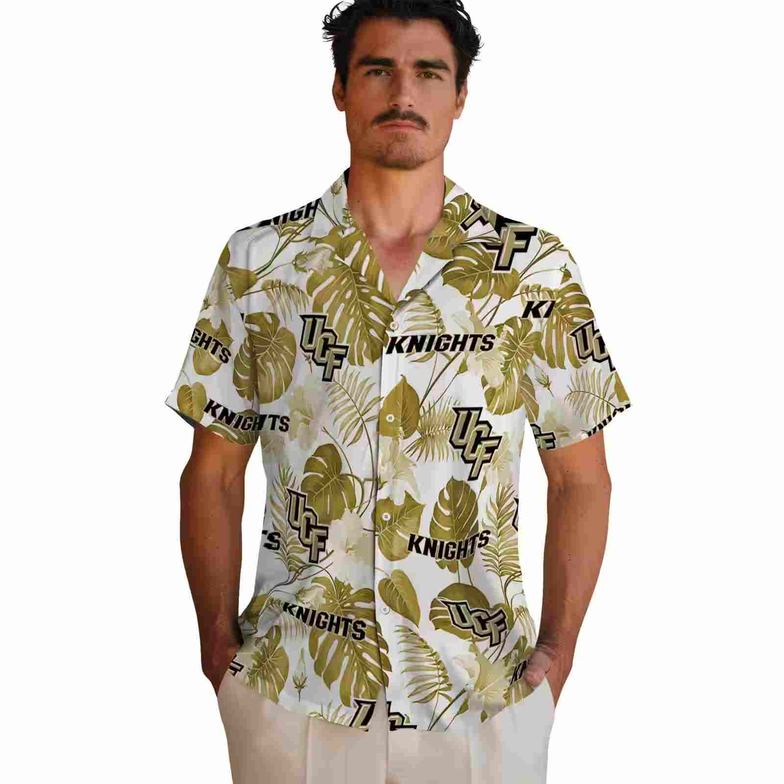 ucf knights tropical plants gold white hawaiian shirt fashion forward