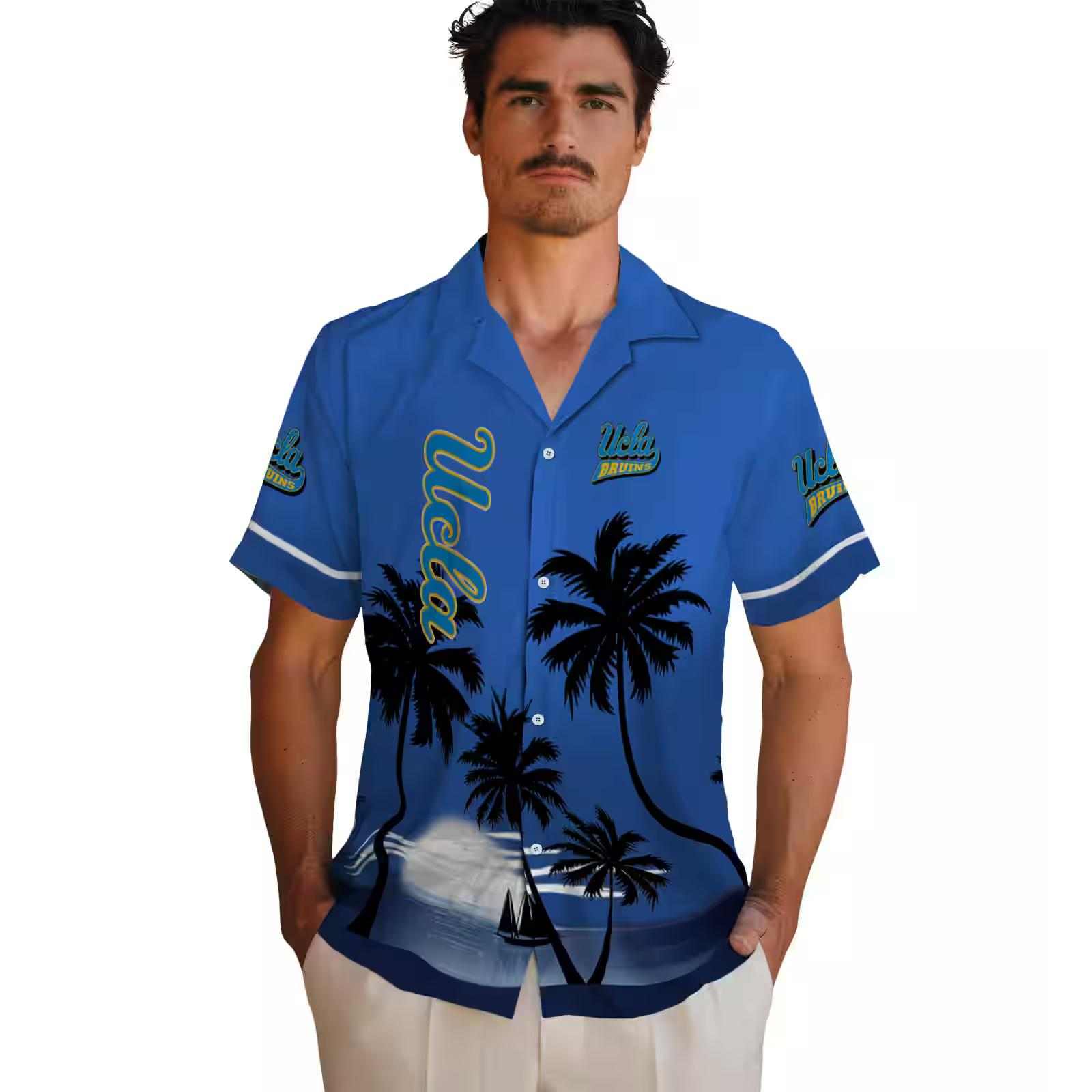 ucla bruins beach sunset blue black hawaiian shirt fashion forward