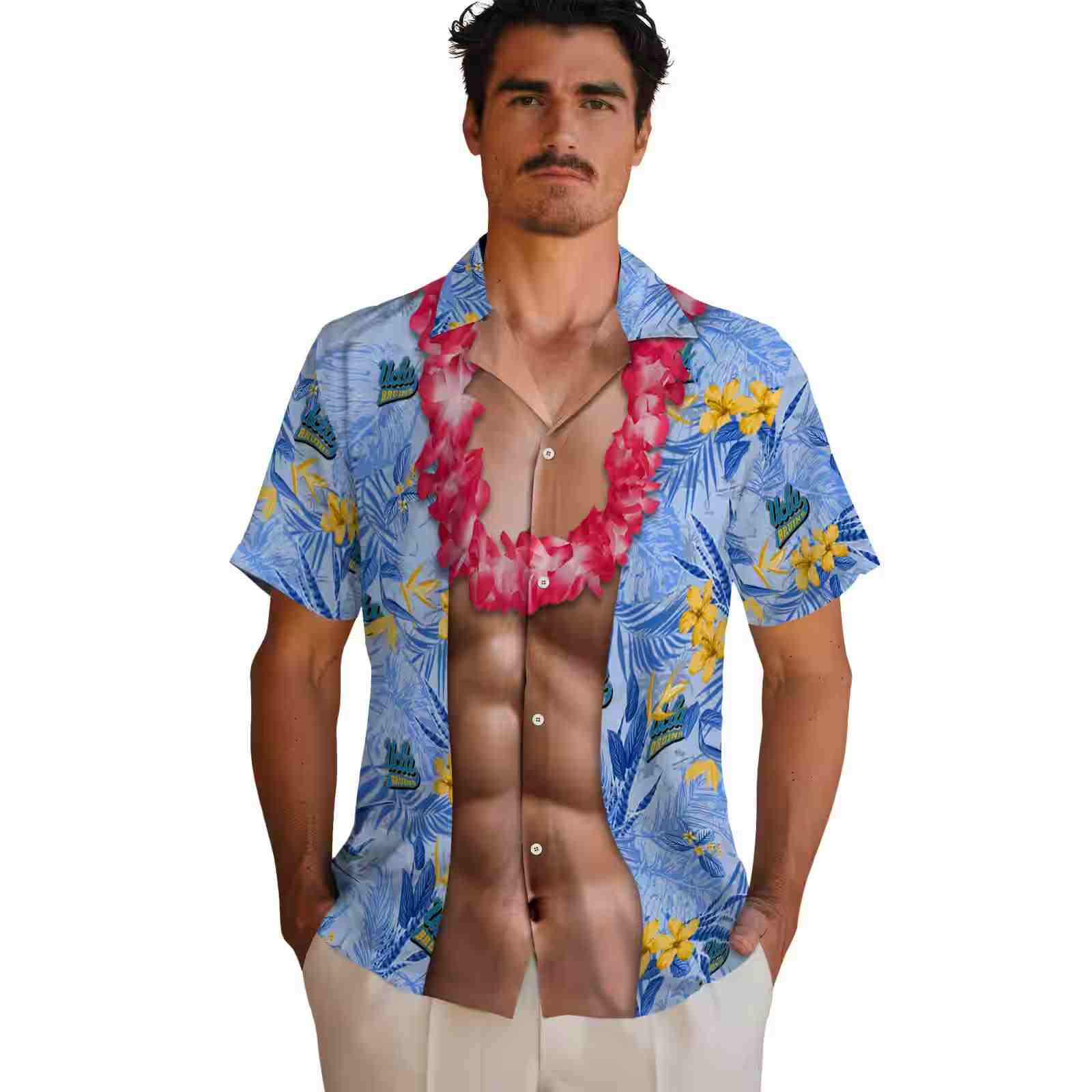 ucla bruins chest illusion blue hawaiian shirt fashion forward