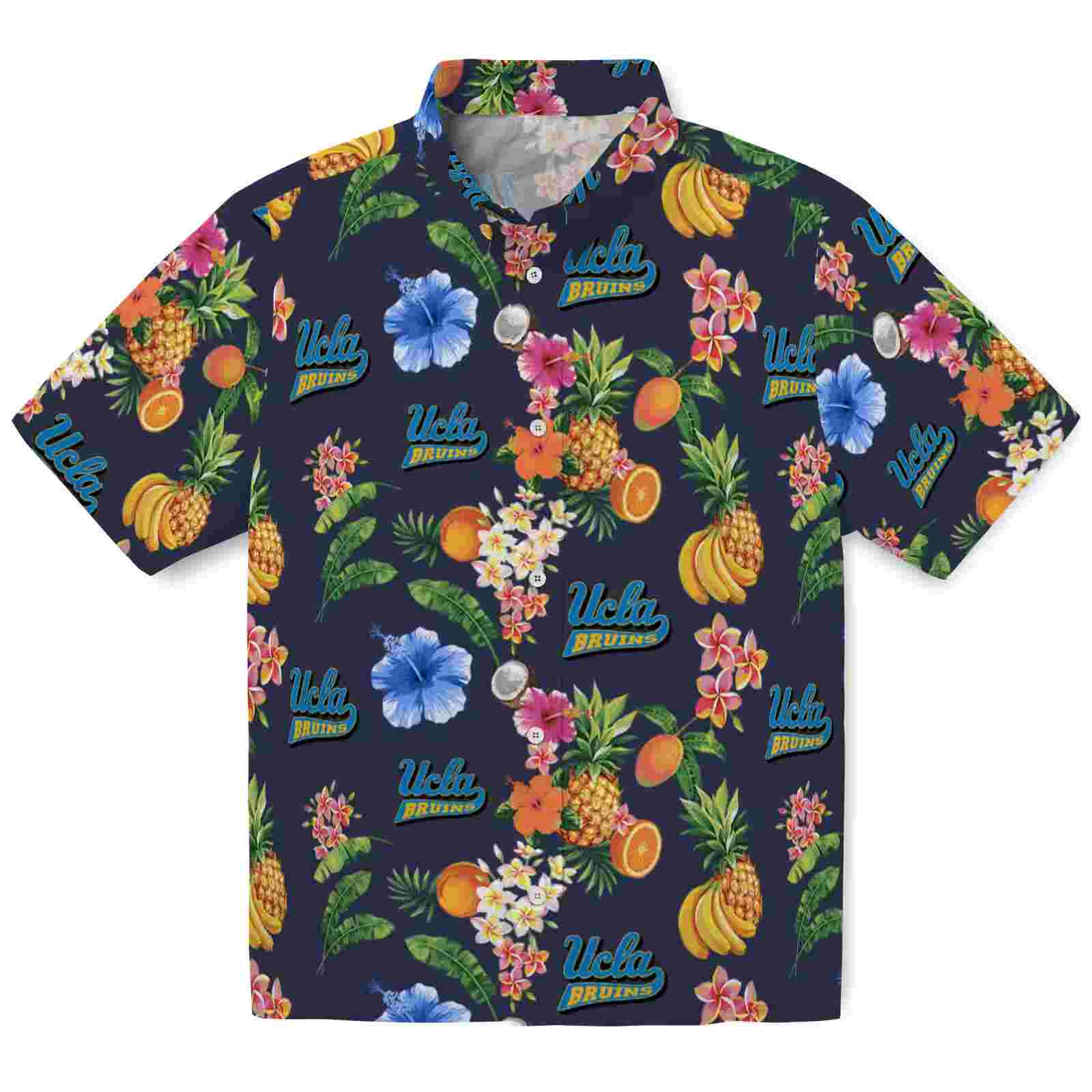 UCLA Bruins Hibiscus And Fruit Navy Blue Hawaiian Shirt