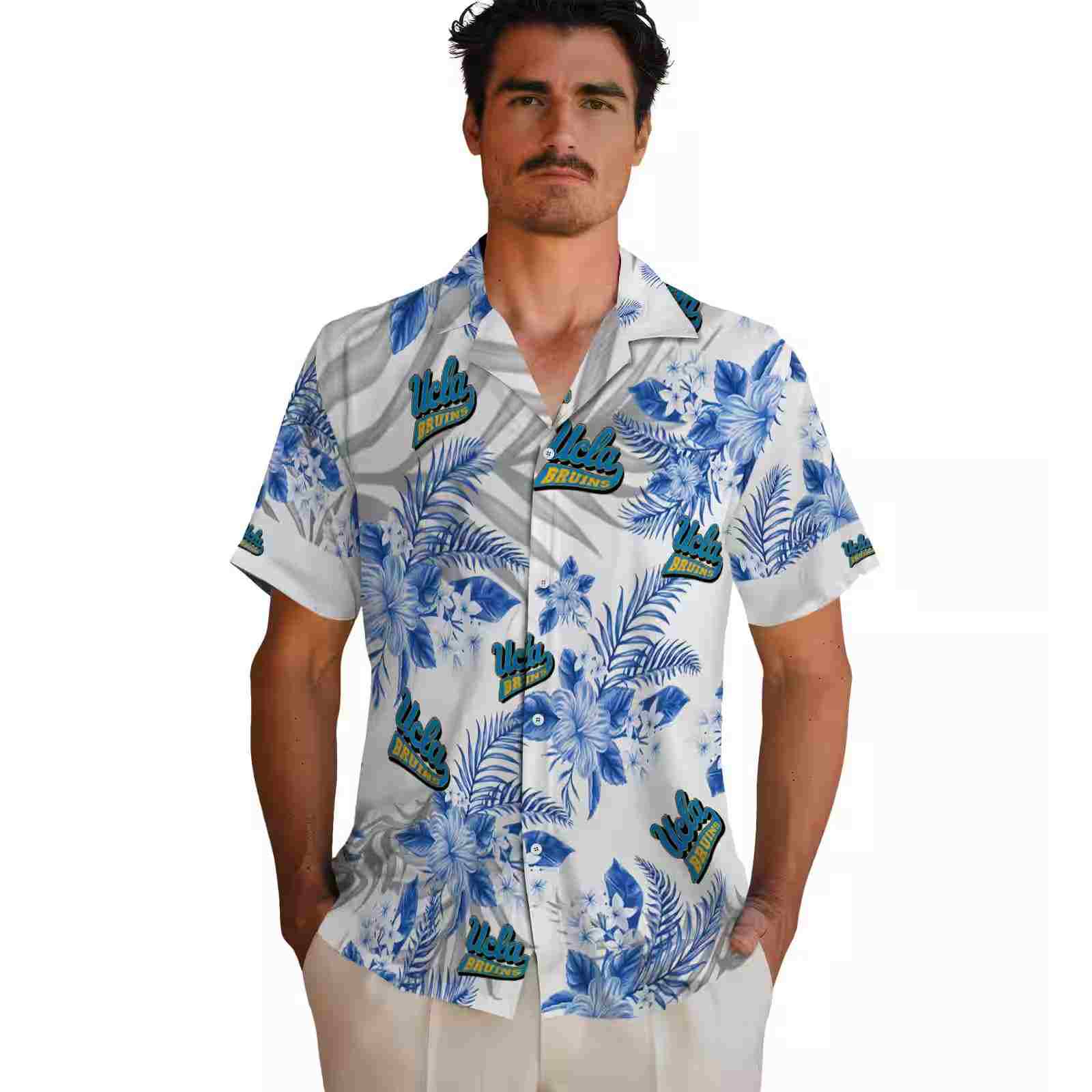 ucla bruins hibiscus palm leaves blue white hawaiian shirt fashion forward