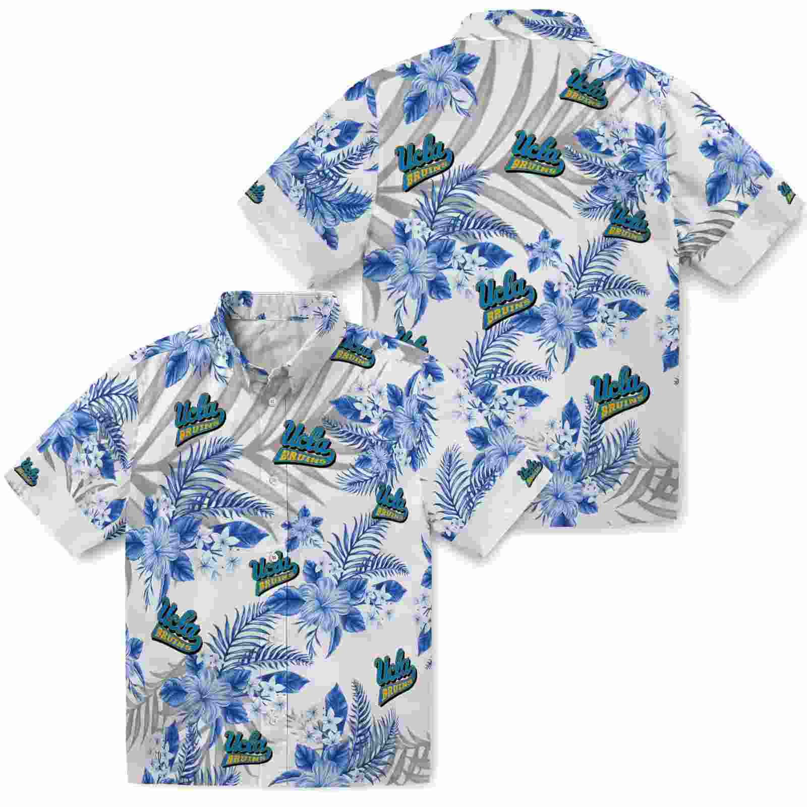 ucla bruins hibiscus palm leaves blue white hawaiian shirt high quality