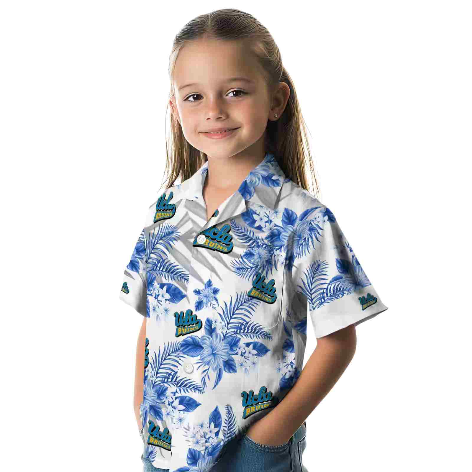 ucla bruins hibiscus palm leaves blue white hawaiian shirt premium grade