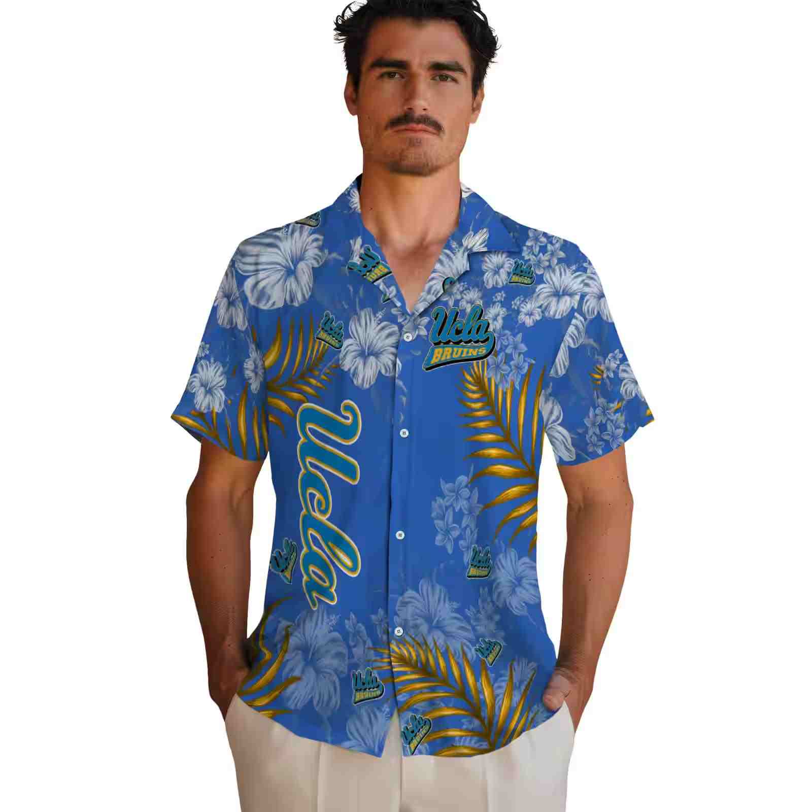 ucla bruins hibiscus print blue hawaiian shirt fashion forward