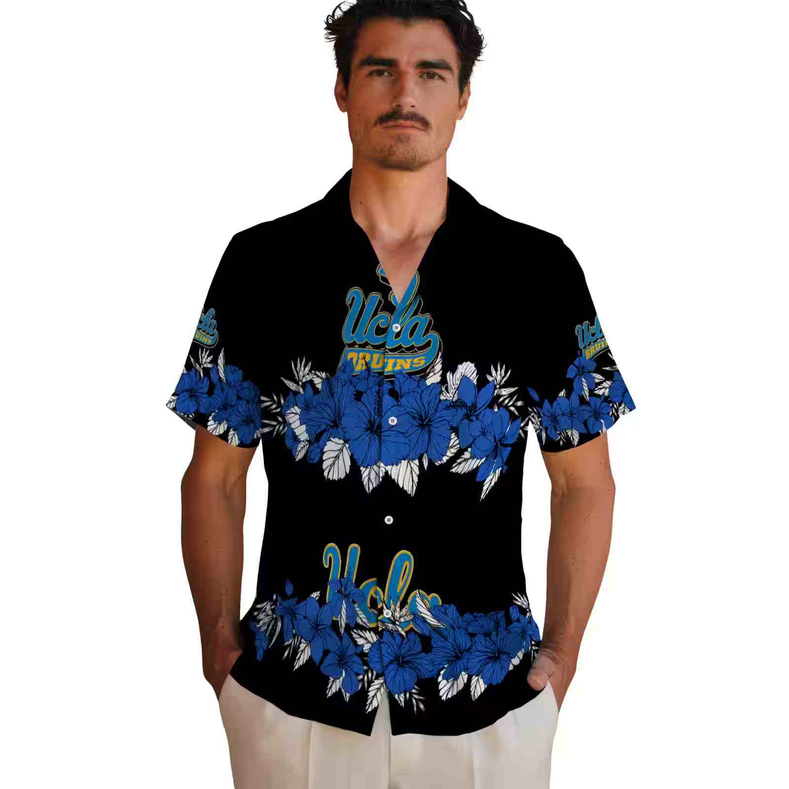 ucla bruins hibiscus stripe blue black hawaiian shirt fashion forward