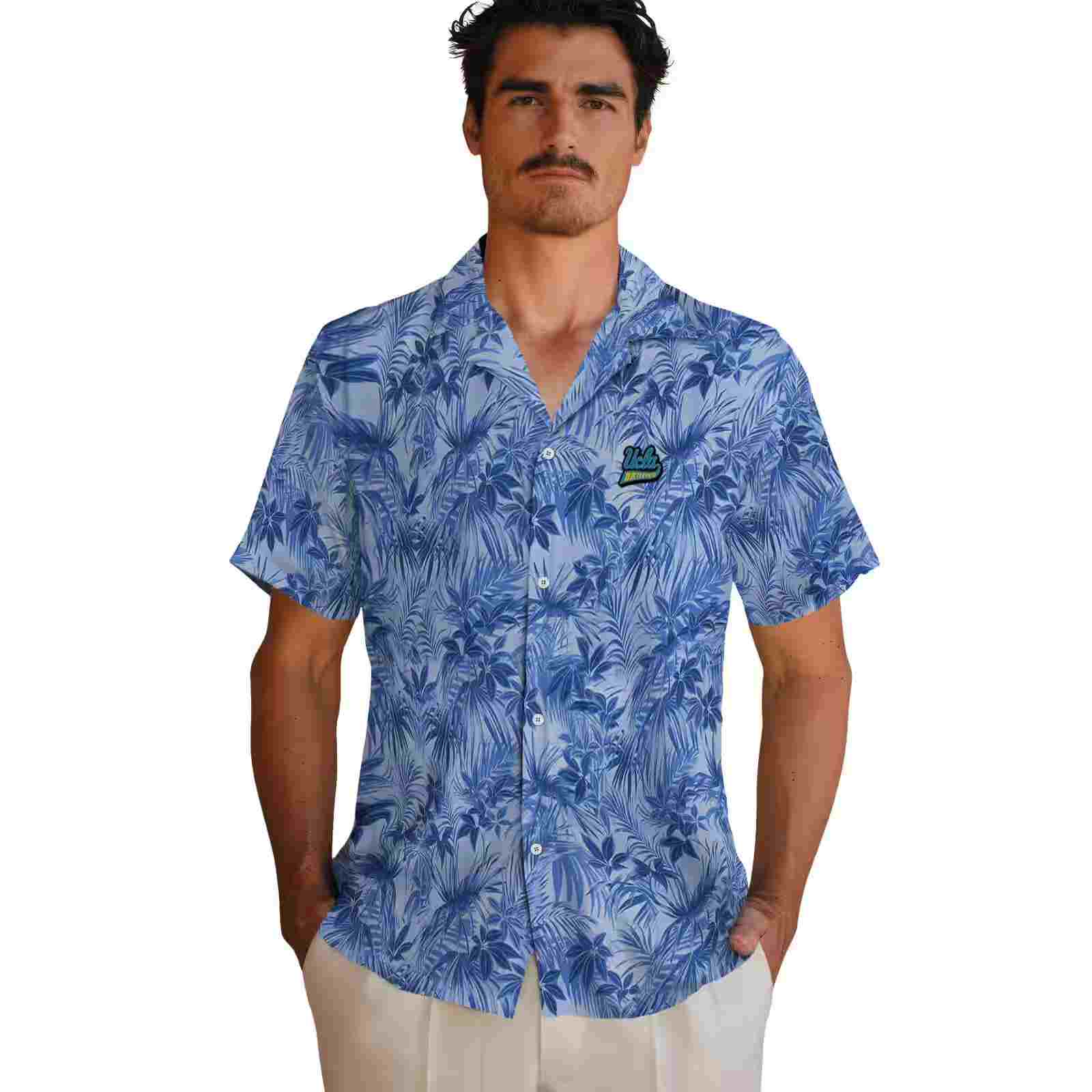 ucla bruins leafy pattern blue hawaiian shirt fashion forward