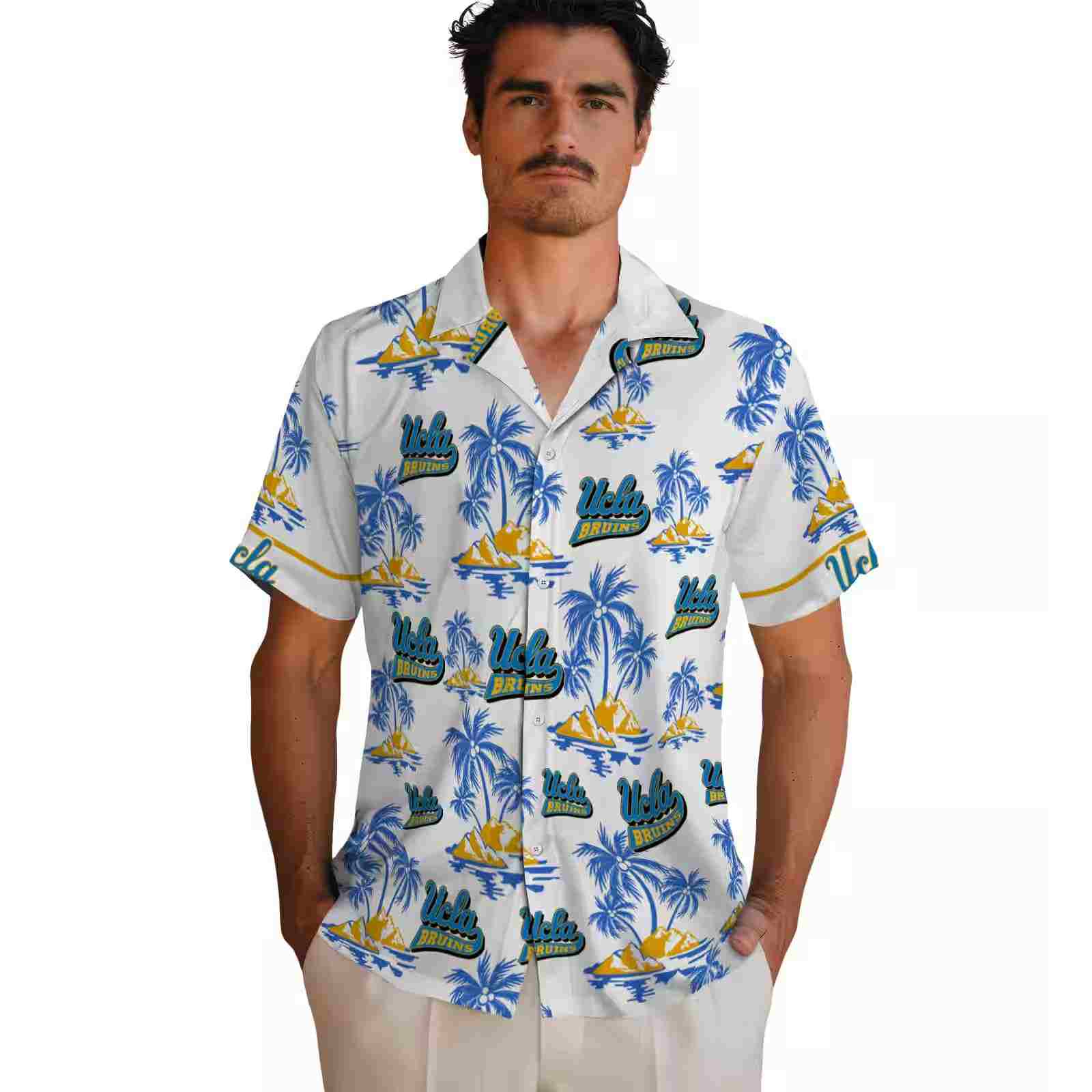 ucla bruins palm island print blue white hawaiian shirt fashion forward