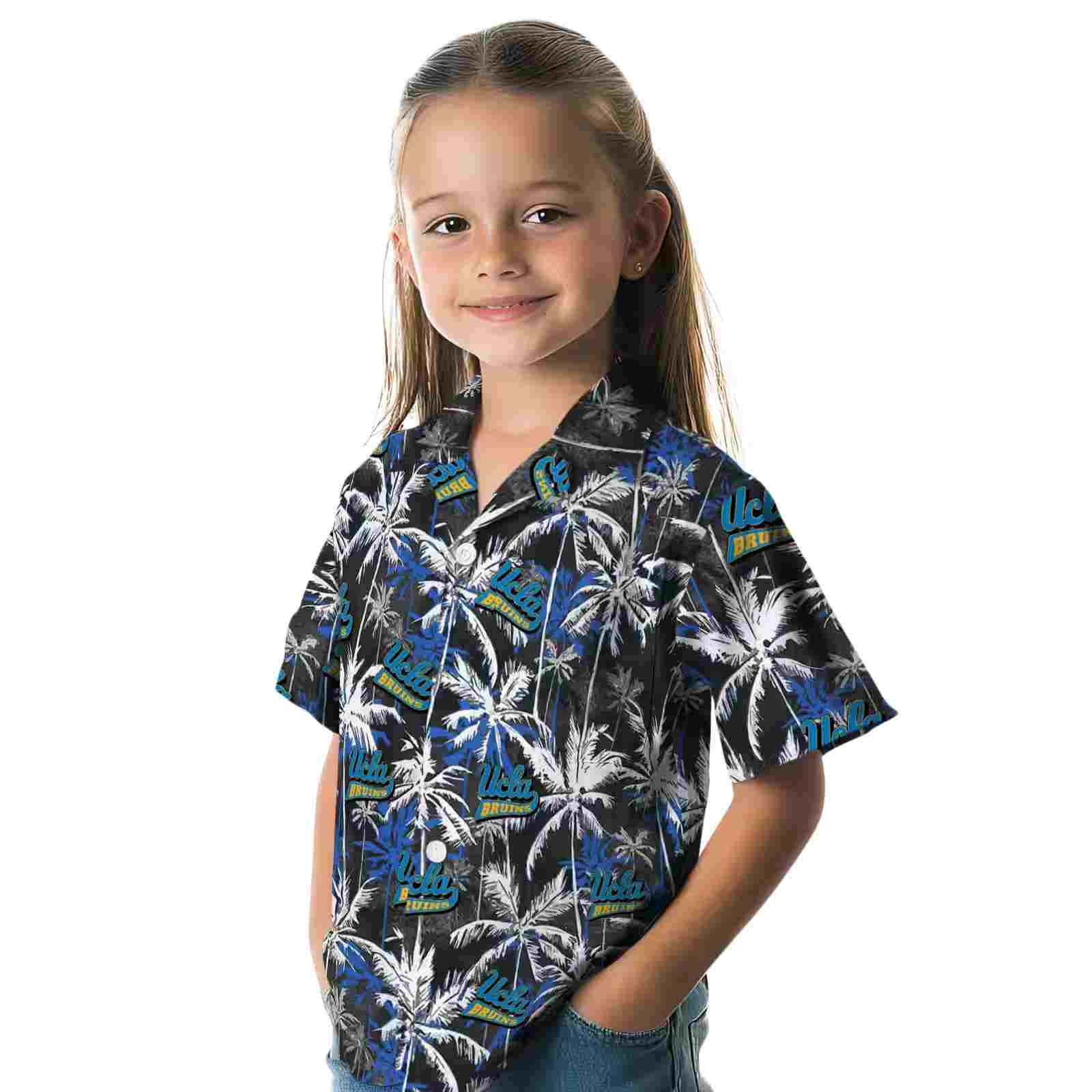 ucla bruins palm pattern blue black hawaiian shirt premium grade