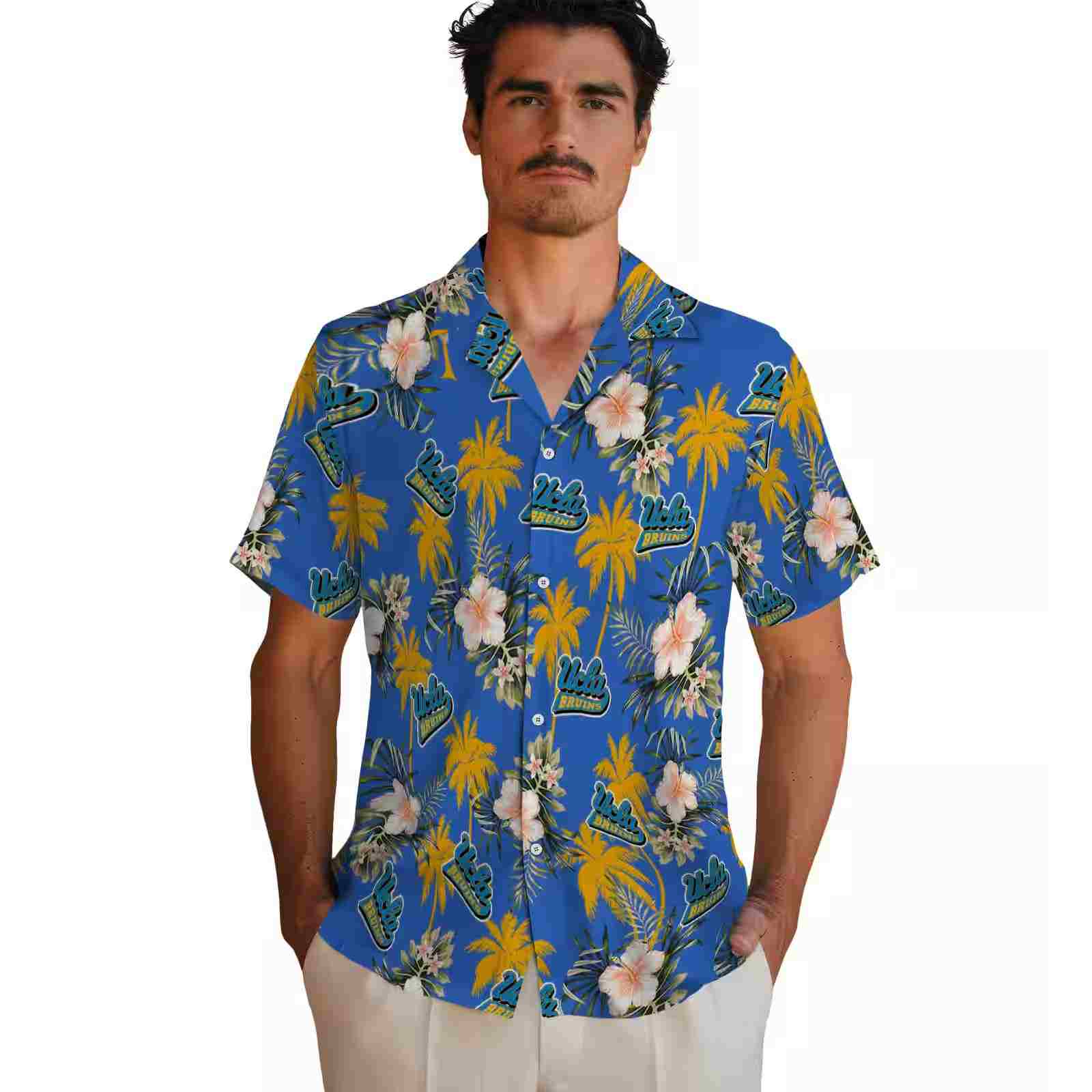 ucla bruins palm tree flower blue hawaiian shirt fashion forward