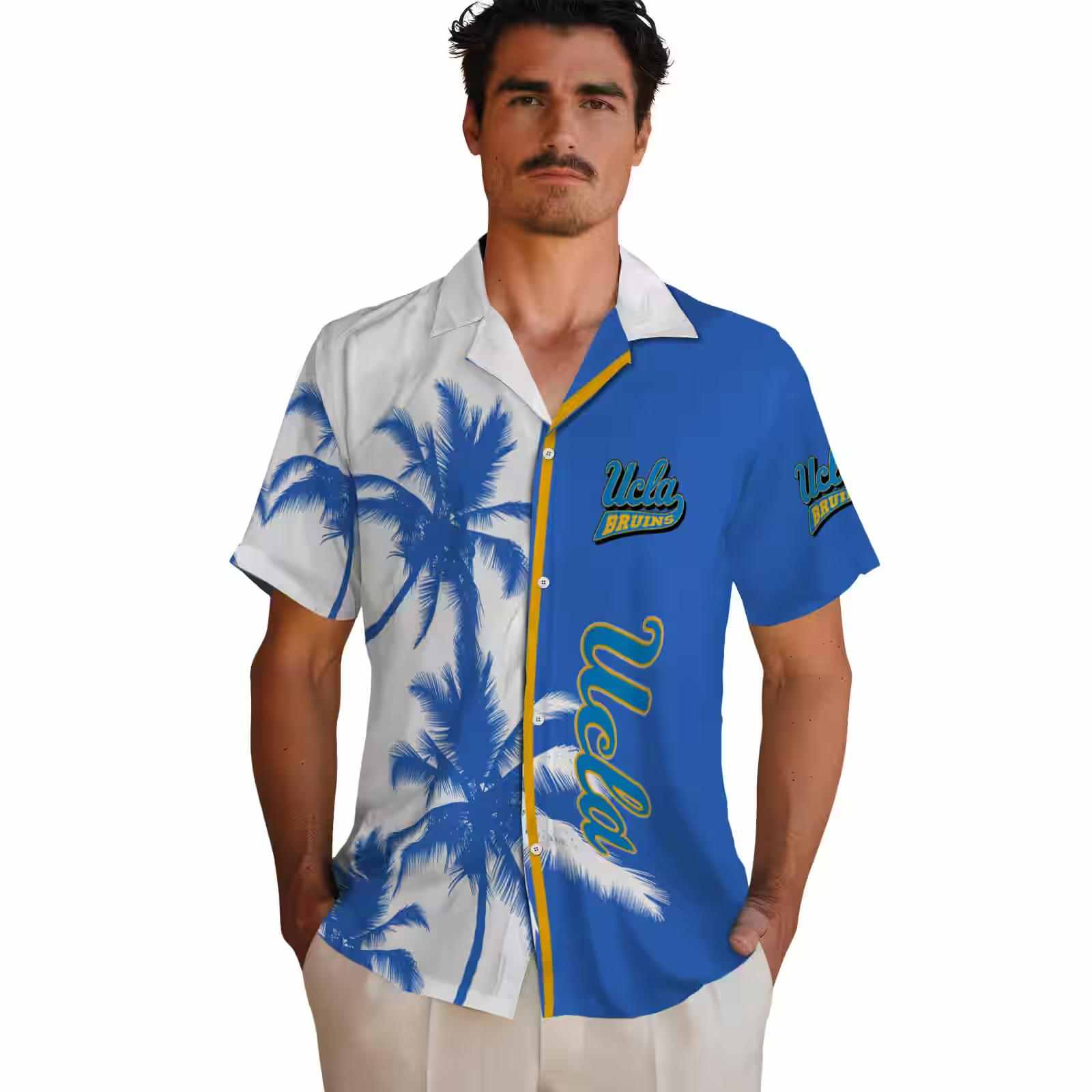 ucla bruins palm trees blue white hawaiian shirt fashion forward