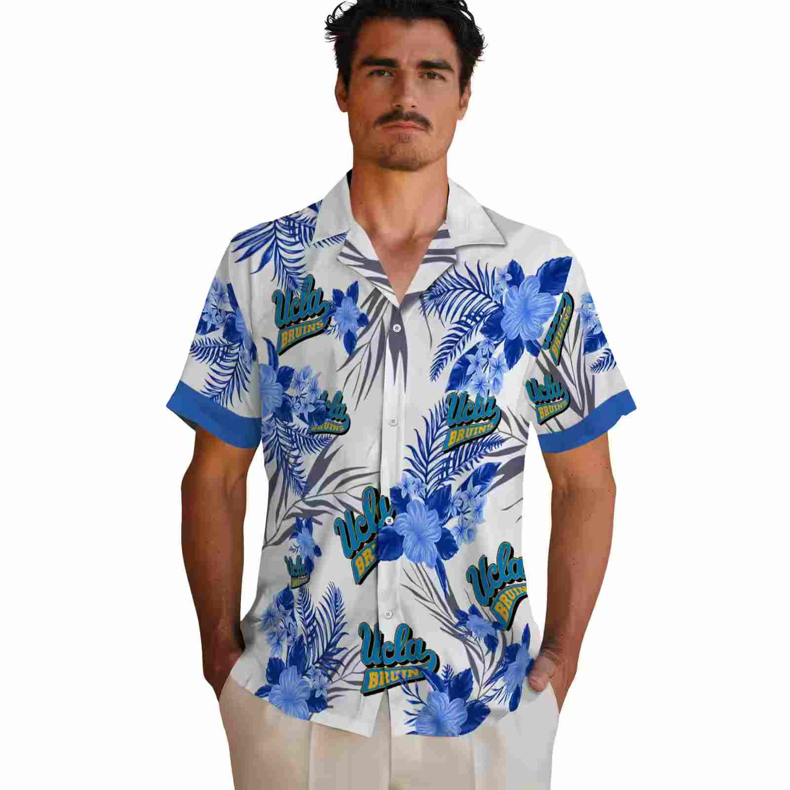 ucla bruins patriotic hibiscus design blue white hawaiian shirt fashion forward