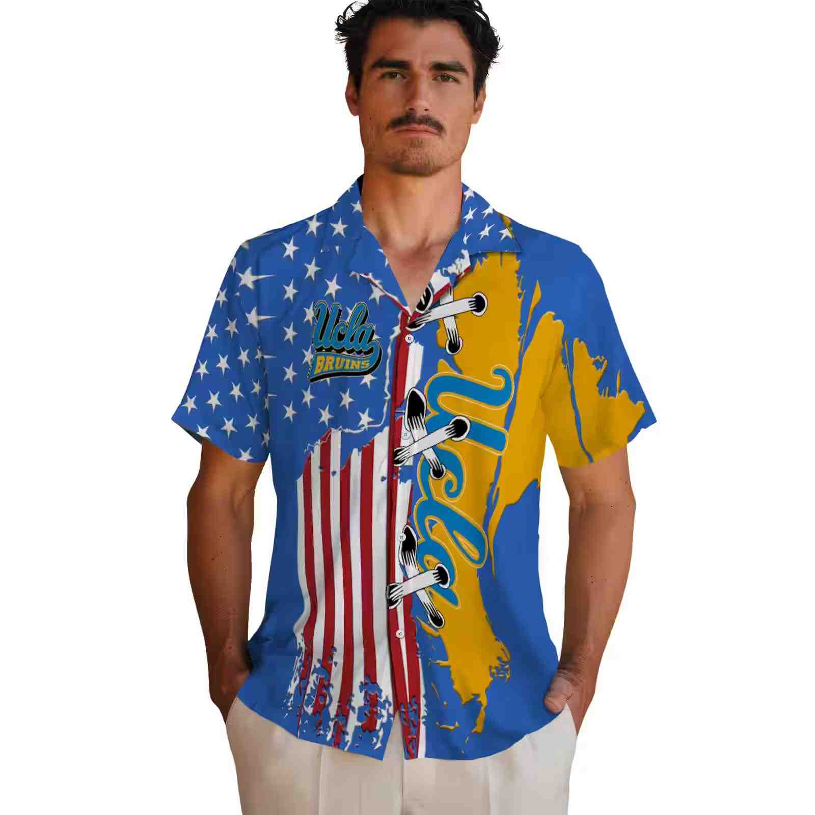 ucla bruins stitched flag blue hawaiian shirt fashion forward