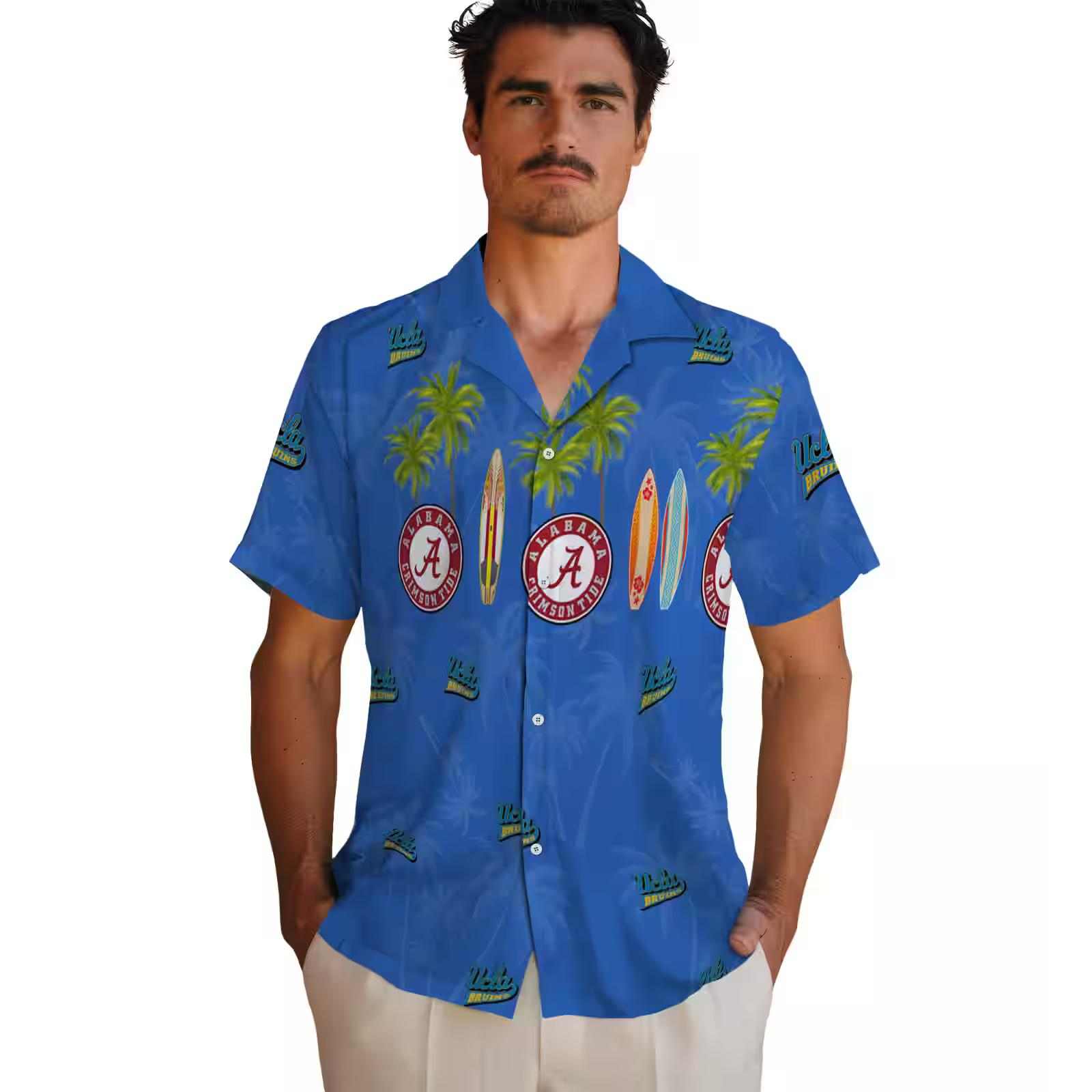 ucla bruins surfboard palm blue hawaiian shirt fashion forward