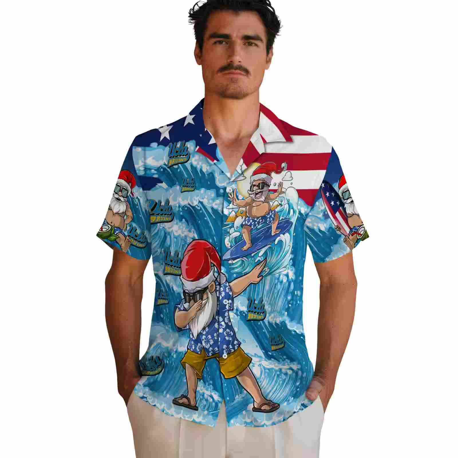 ucla bruins surfing santa blue hawaiian shirt fashion forward