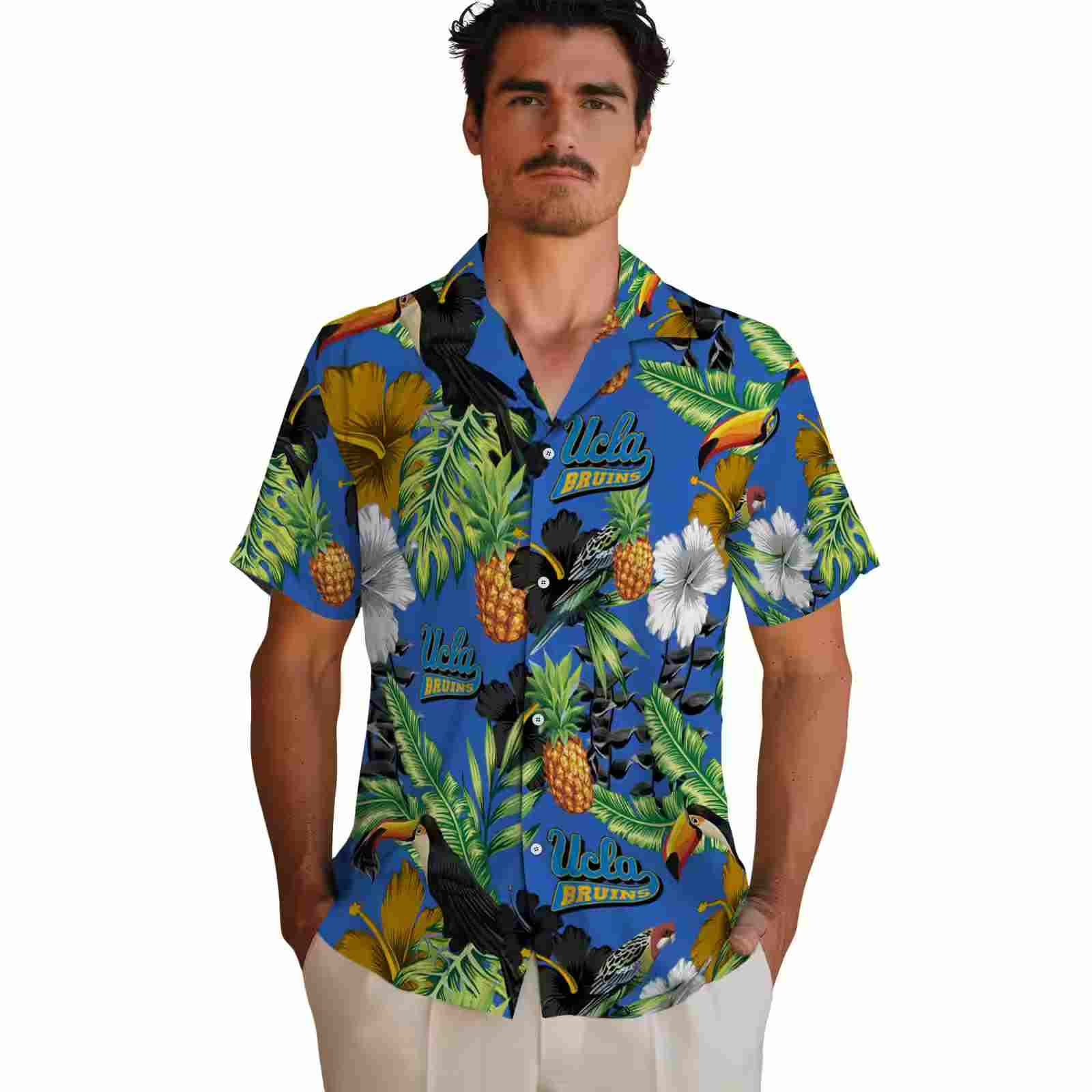 ucla bruins toucan hibiscus pineapple blue green hawaiian shirt fashion forward