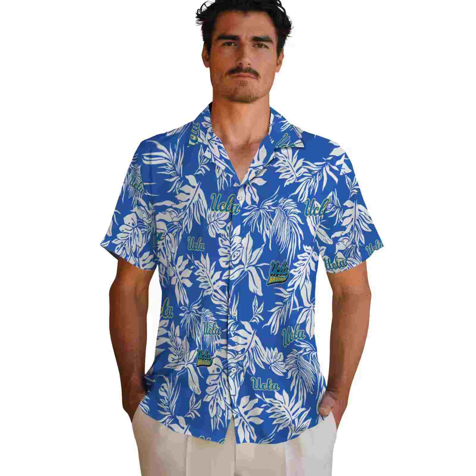 ucla bruins tropical leaf blue white hawaiian shirt fashion forward