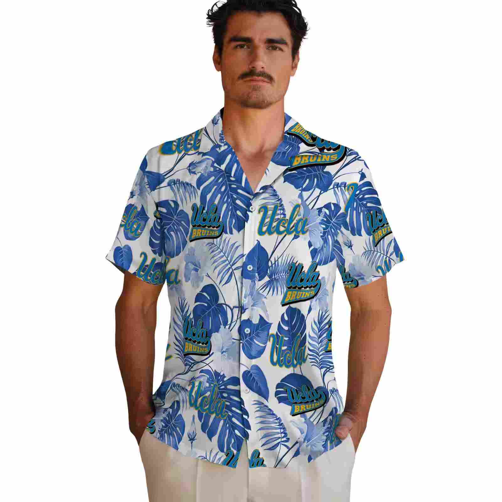 ucla bruins tropical plants blue white hawaiian shirt fashion forward